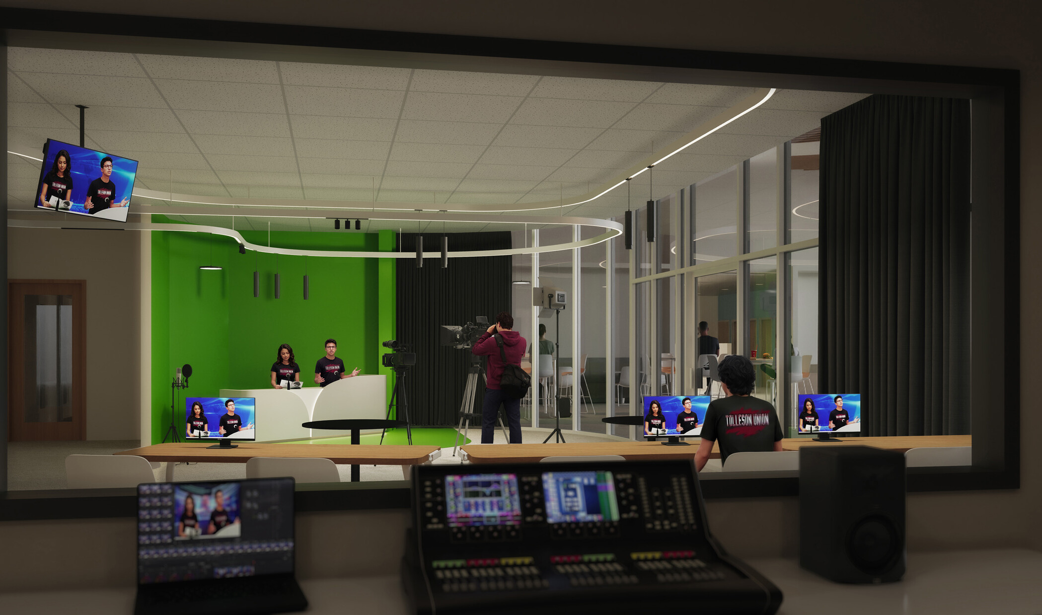 architectural rendering of Tolleson High School; CTE building with audiovisual studio; students working on both sides of the booth