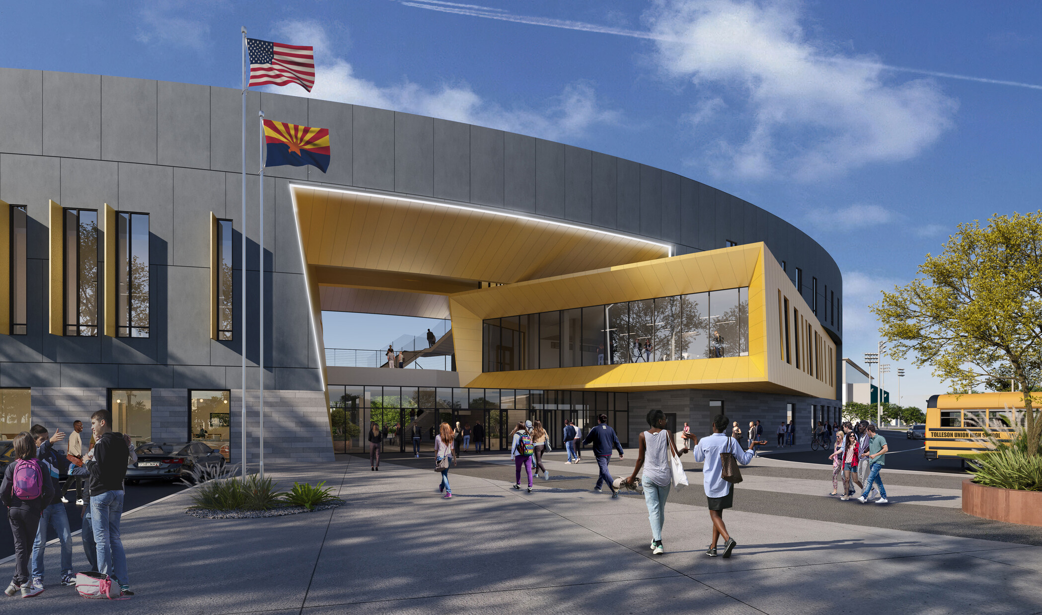 exterior architectural rendering; CTE High school campus entry, student drop off; large yellow and gray modern building