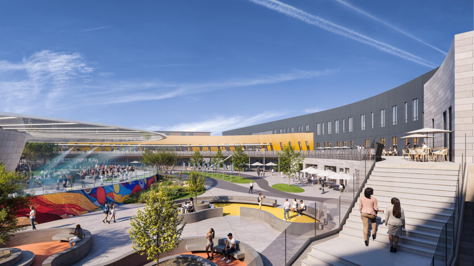 exterior architectural rendering of a CTE high school; Phoenix Raceway inspired, NASCAR theme, public plaza