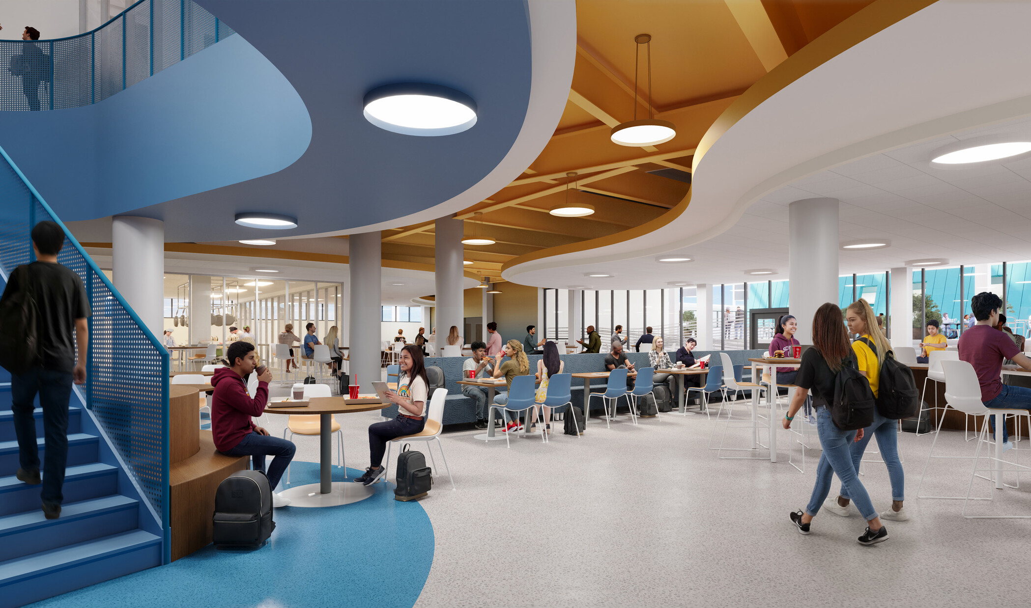 Architectural rendering of student café; large open space with modular seating
