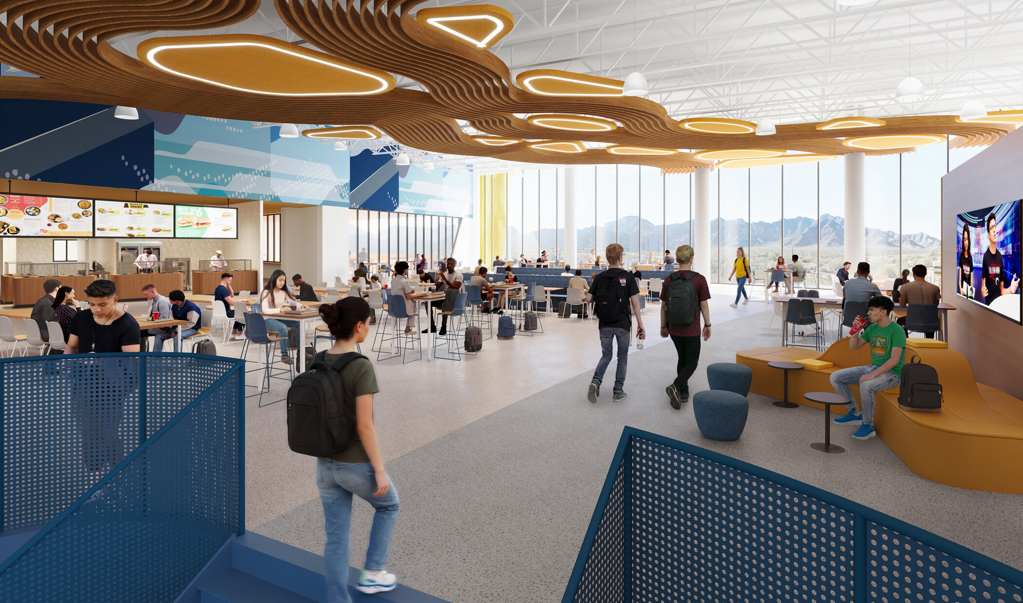 Architectural rendering of student café; large open space with modular seating