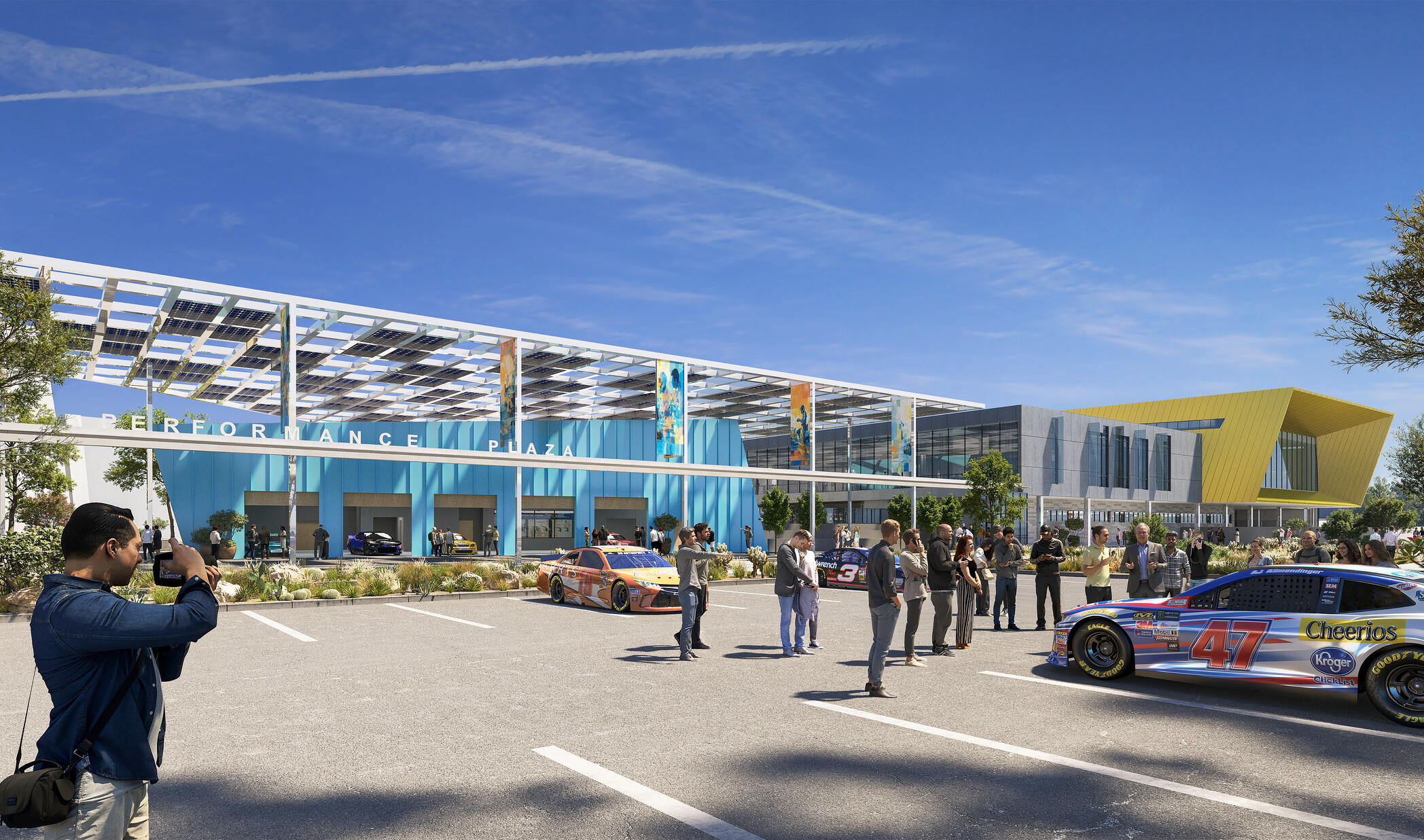 exterior architectural rendering of a CTE high school; Phoenix Raceway inspired, NASCAR theme, public plaza