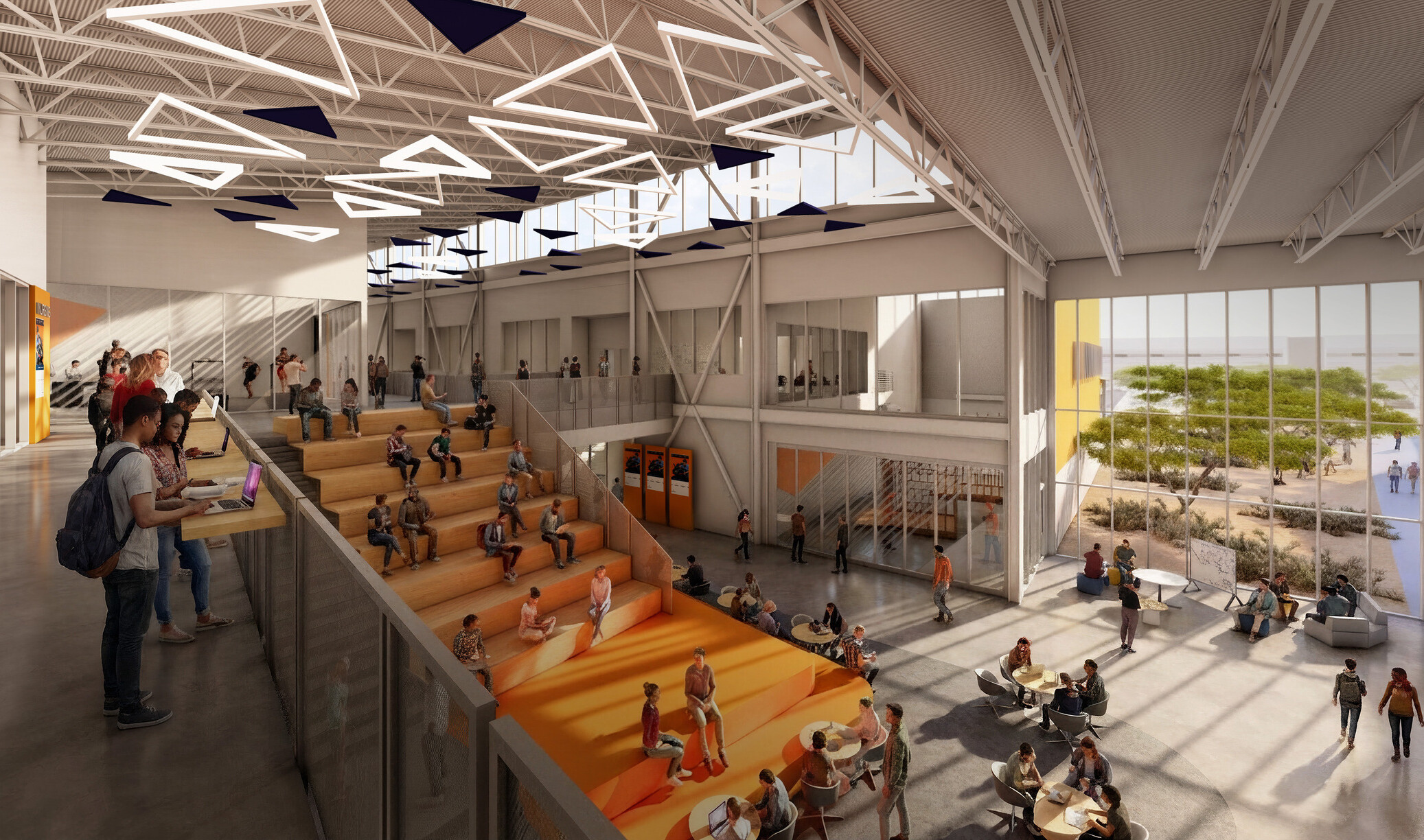 Architectural rendering of Students gathered inside of Phase 2 of West-MEC’s new Southeast Campus; large double height area with large feature staircase/seating