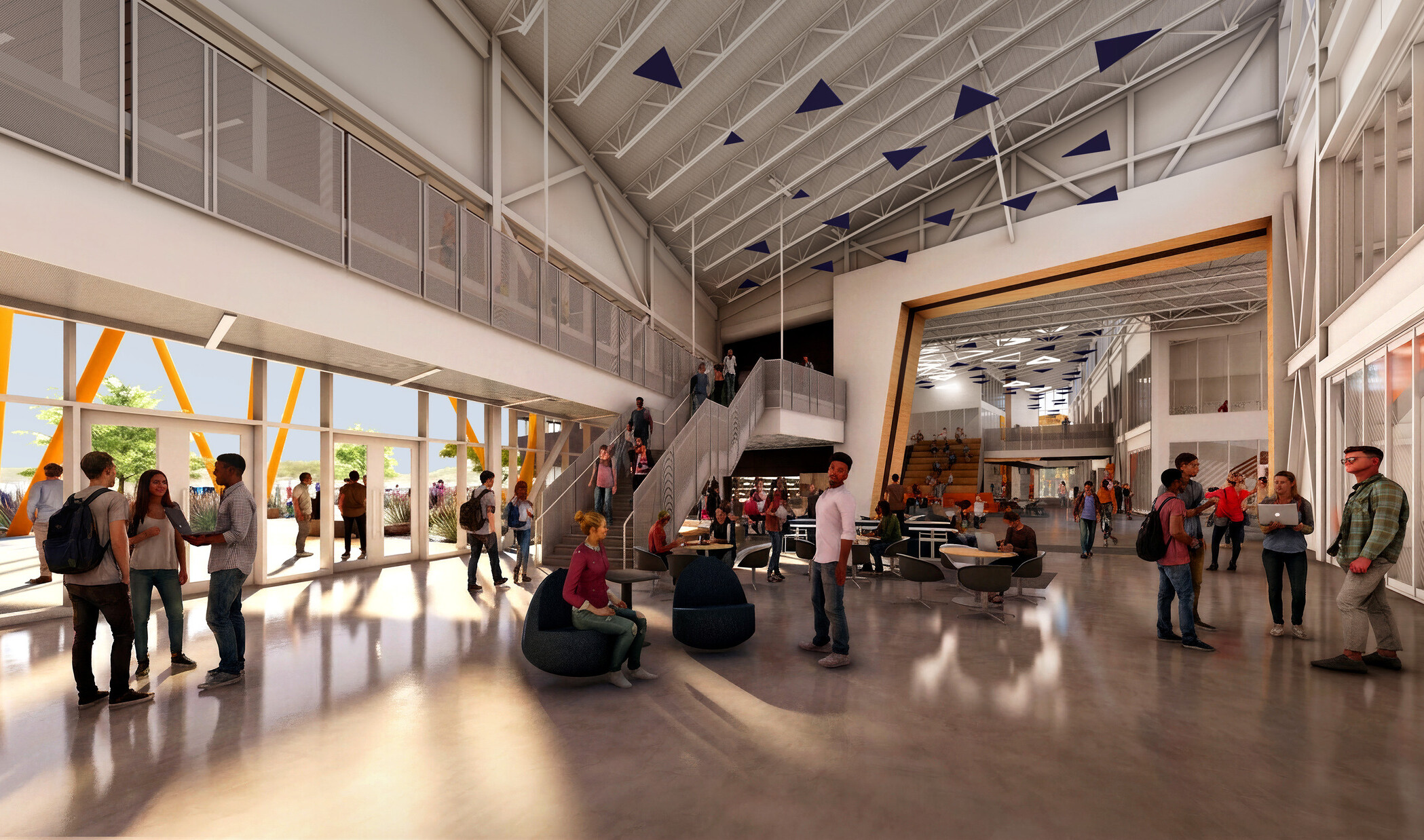 Architectural rendering of Students gathered inside of Phase 2 of West-MEC’s new Southeast Campus; large double height area with large feature staircase and table seating on the main floor