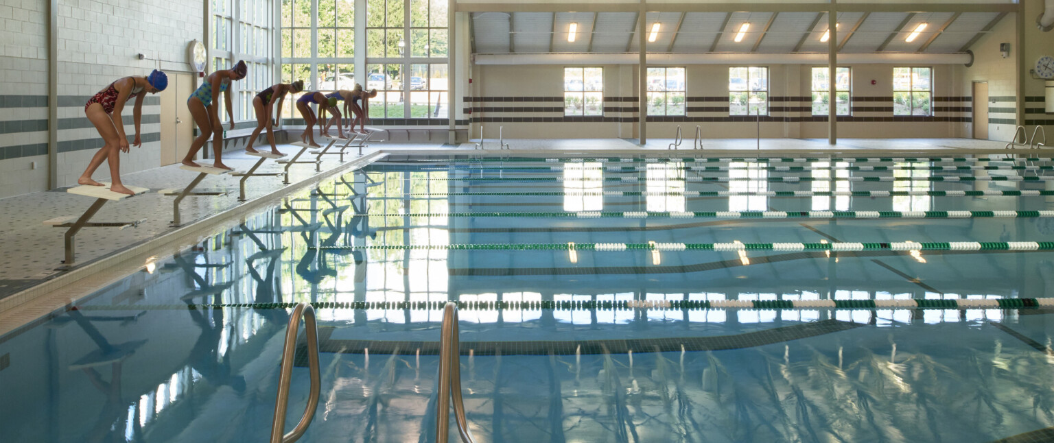 High school natatorium with a blue swimming pool and girls in a diving stance