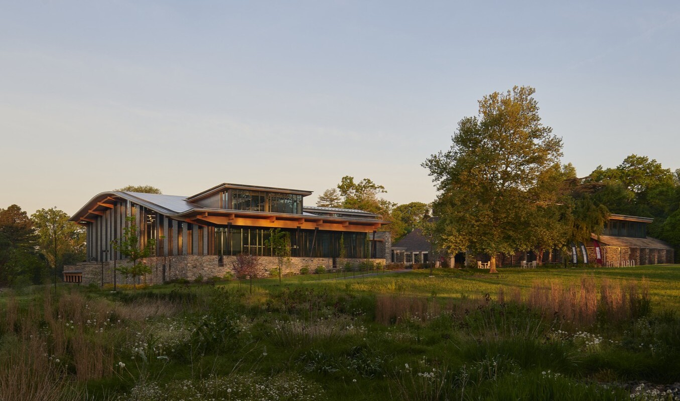 view from the lawn of a sustainable, mass timber building on a university campus, Swarthmore University view from the lawn of a sustainable, mass timber building on a university campus, Swarthmore University