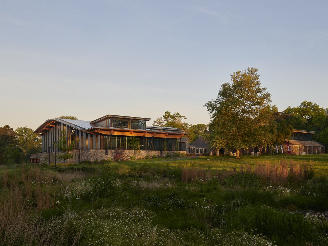 view from the lawn of a sustainable, mass timber building on a university campus, Swarthmore University view from the lawn of a sustainable, mass timber building on a university campus, Swarthmore University