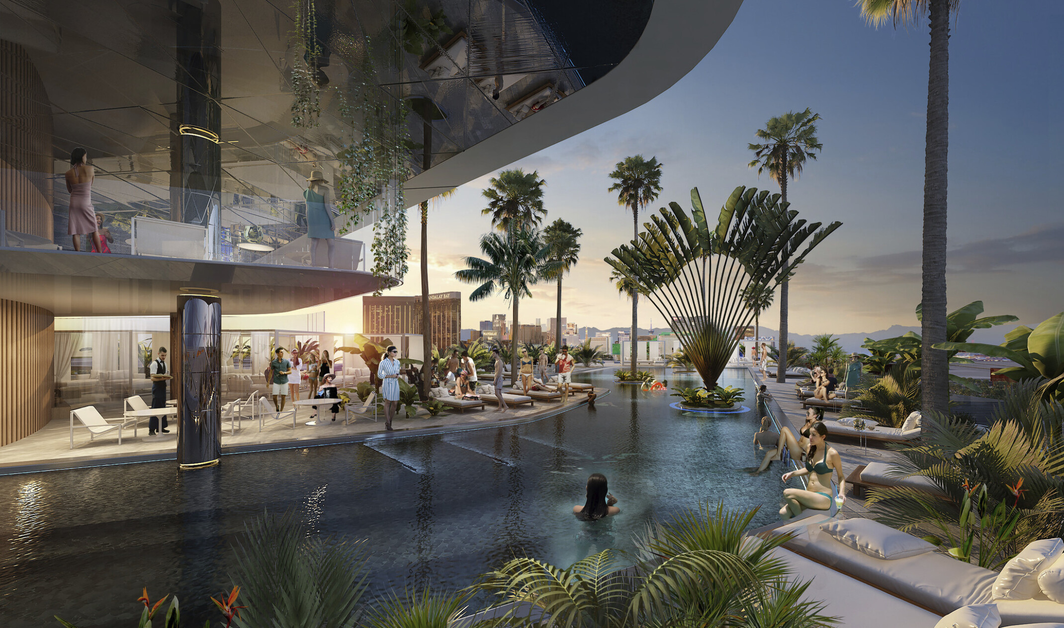 Rooftop pool wraps around the curve of the building with lounge seating on each side with greenery. Balcony above pool