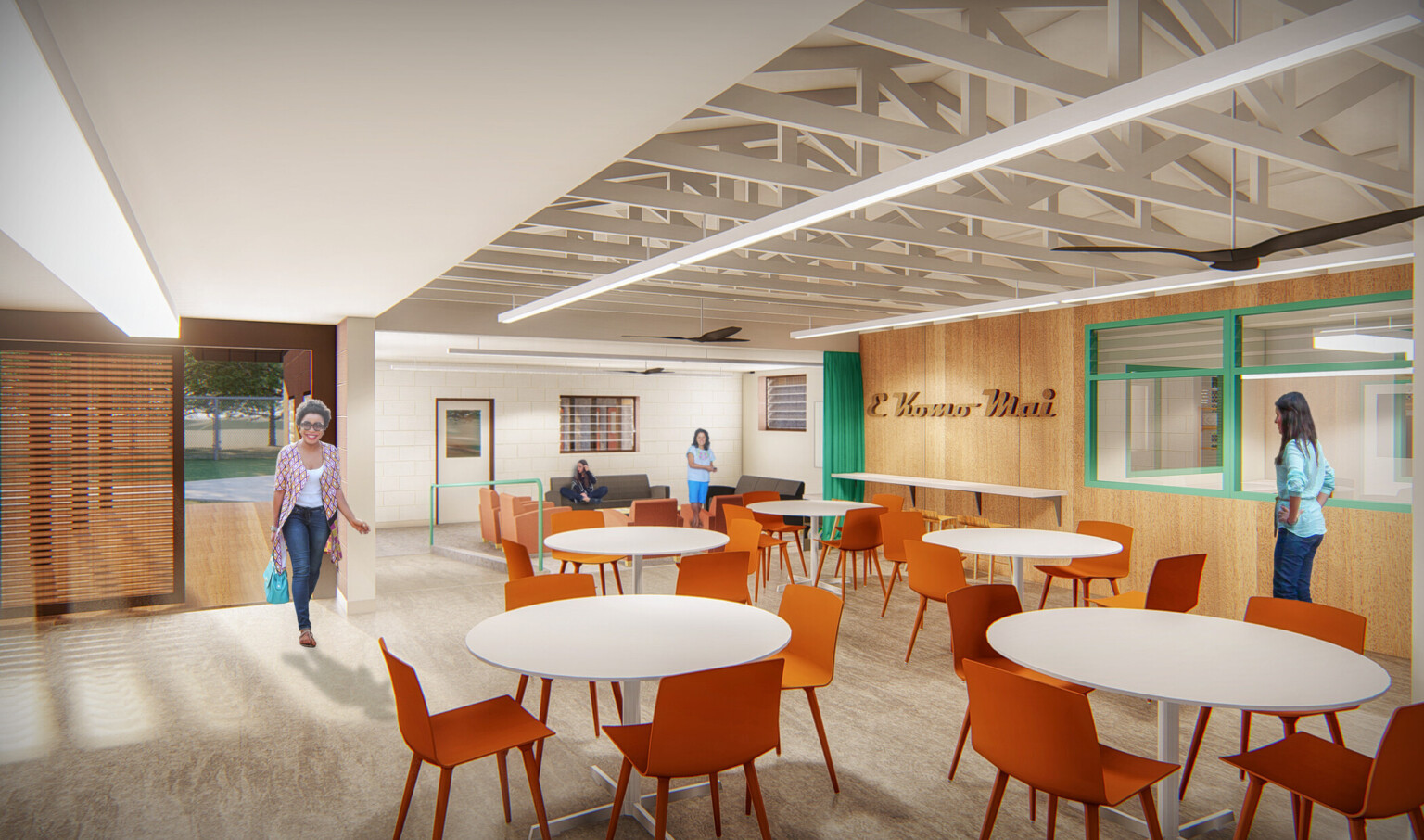 Dining area with white round tables and orange chairs. White trusses above, entry to left, and Hawaiian welcome written right