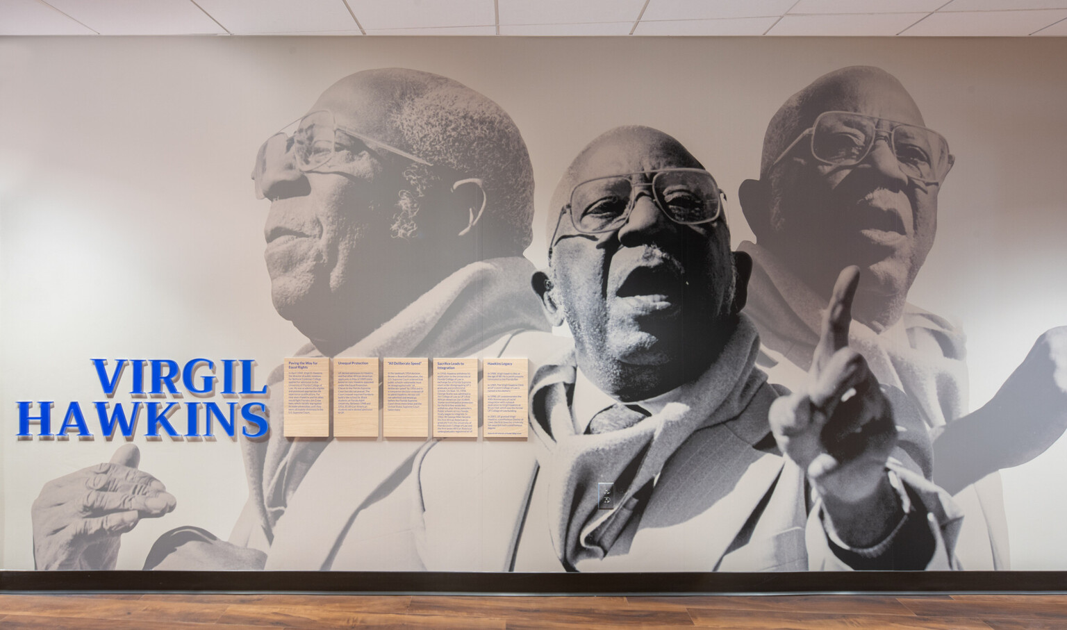 Photo mural of Virgil Hawkins with 5 panels of information