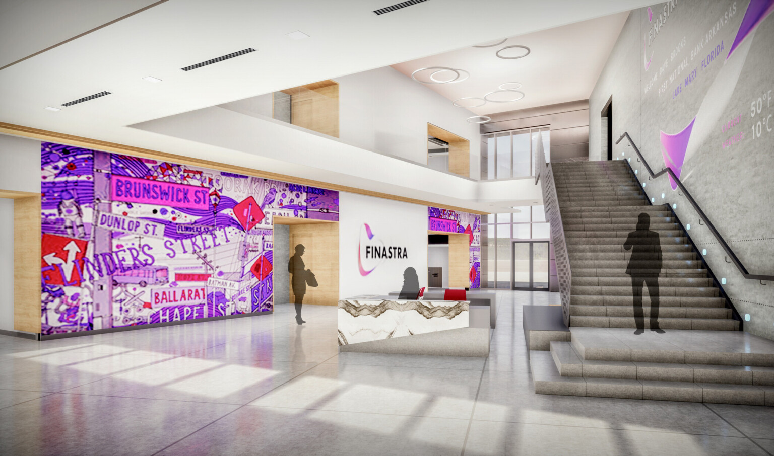 Finastra Headquarters addition rendering. Double height entry with marble reception desk, stone stairs, and bright mural Finastra Headquarters addition rendering. Double height entry with marble reception desk, stone stairs, and bright mural