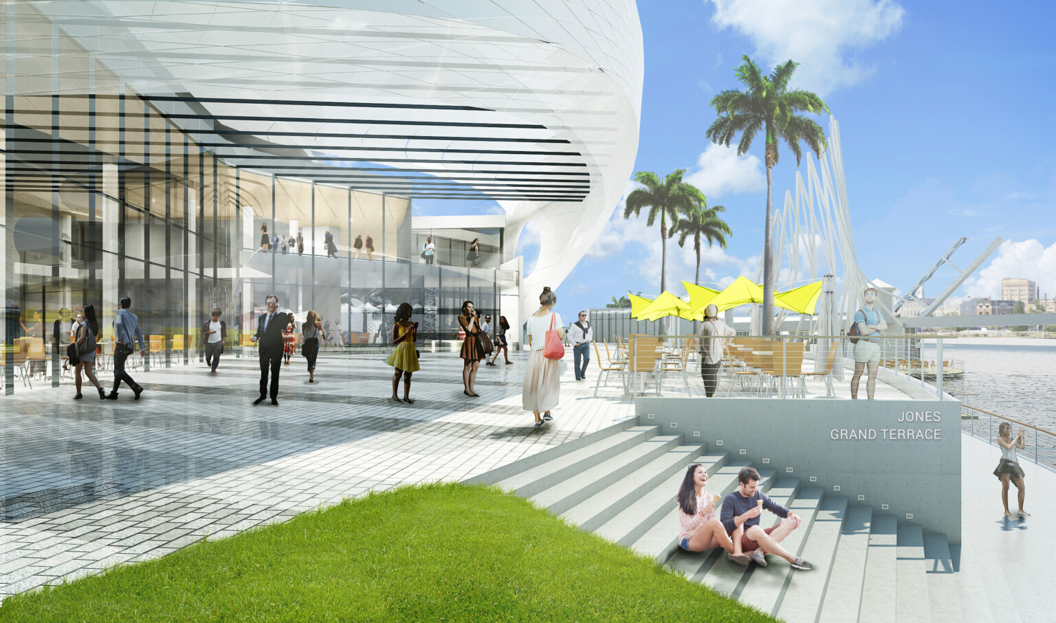 Rendering of a riverside terrace with tables and seating area, partially covered with a translucent awning