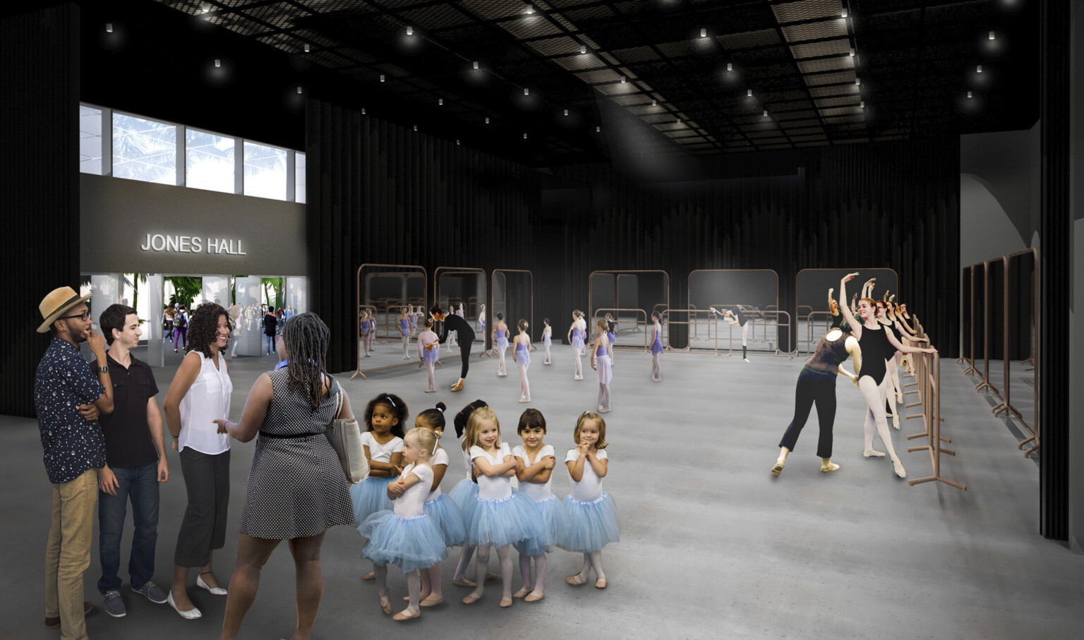 Rendering of a black room lined with standing mirrors and ballet barres where dance students practice throughout