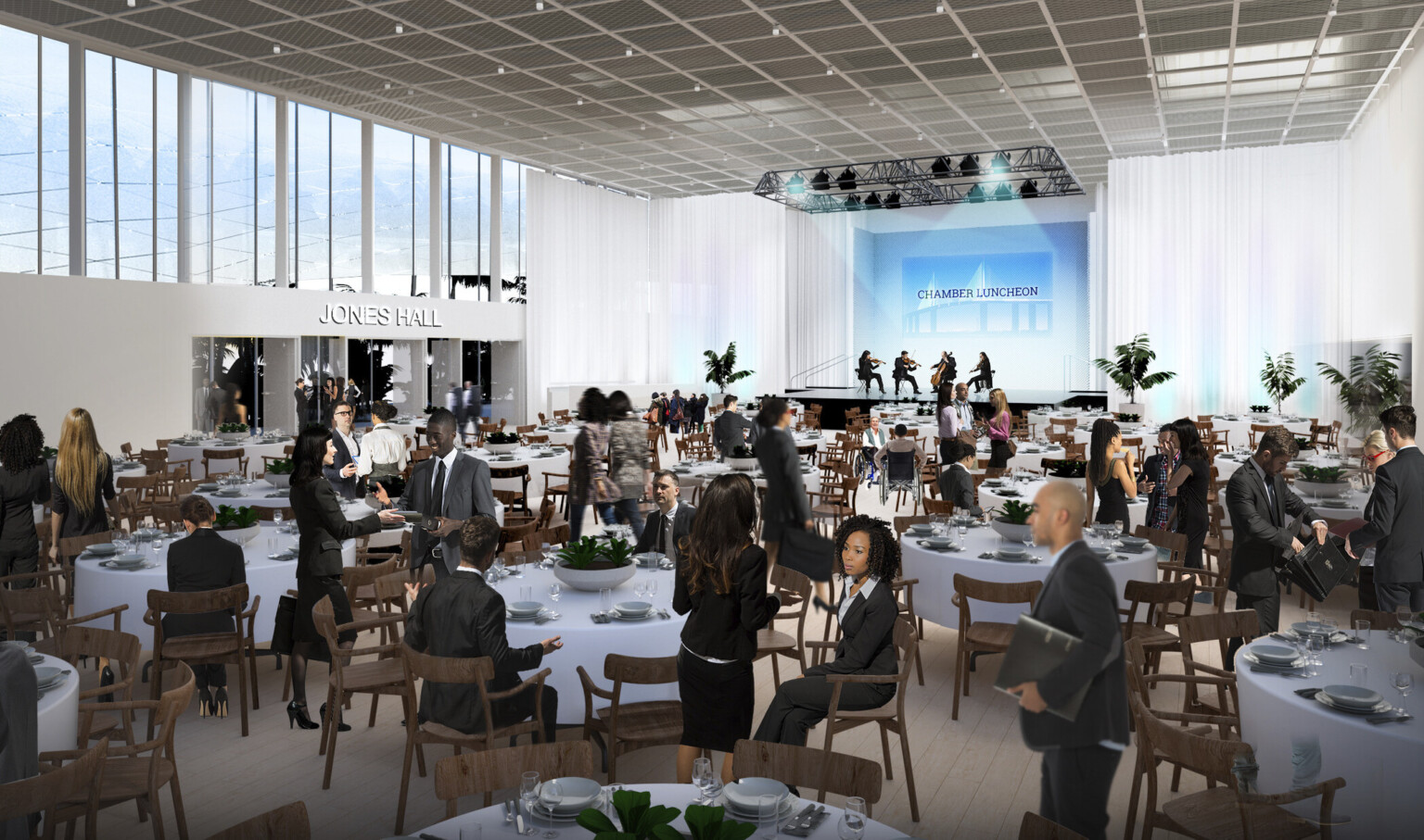 Rendering of a white room with high ceilings filled with round tables and chairs in front of stage with a quartet playing
