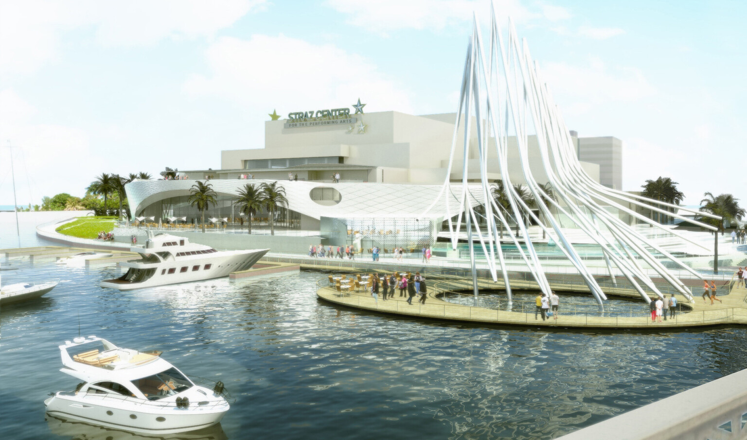 An abstract art piece made of white tubular section bending up to a point is surrounded by a walkway over the water