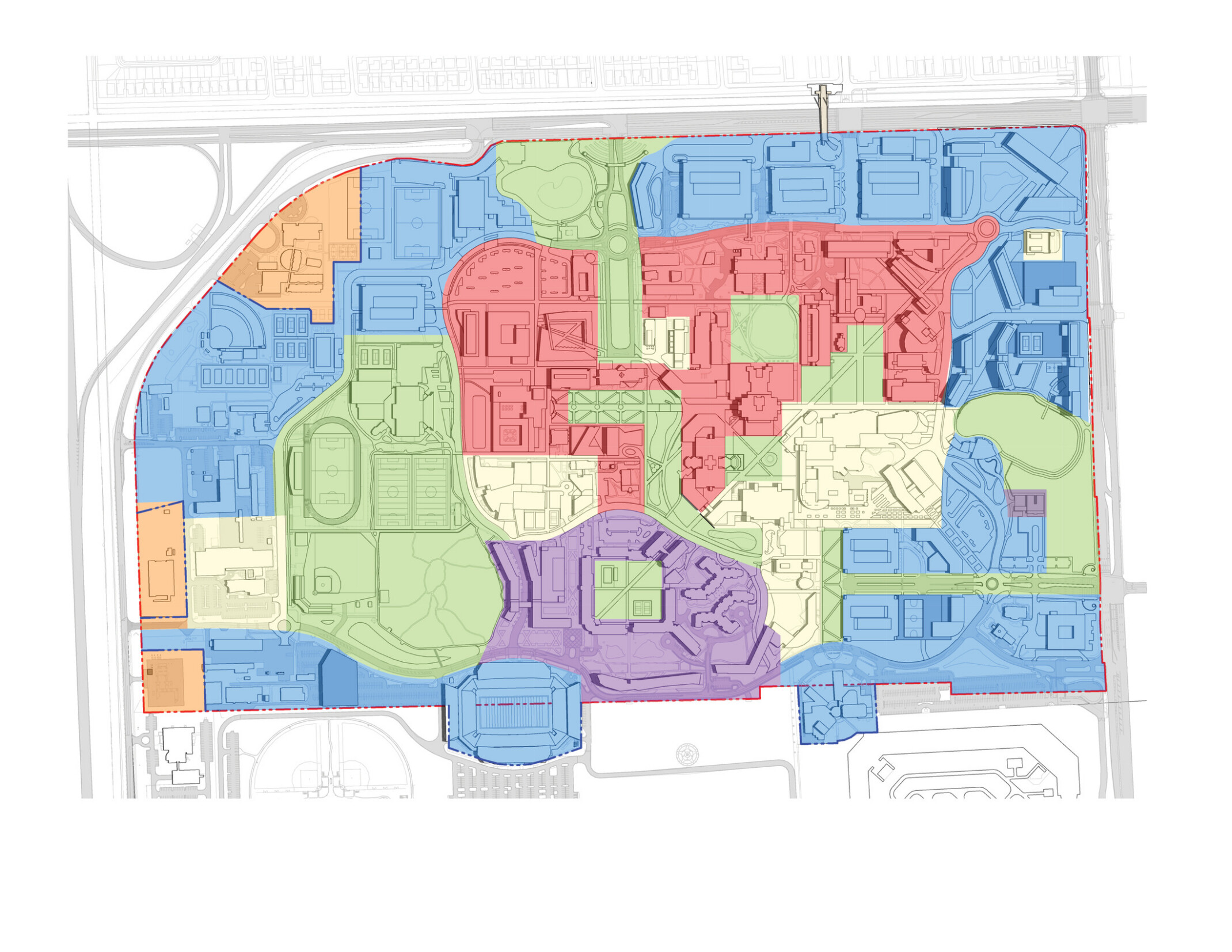 colorful master plan map showing various purpose-built education spaces