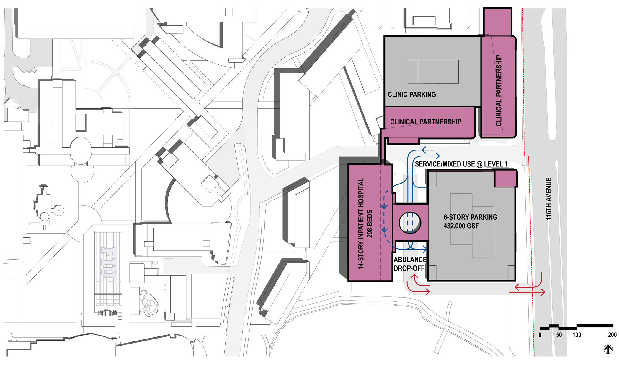 aerial view of a campus master plan with certain buildings marked by purple