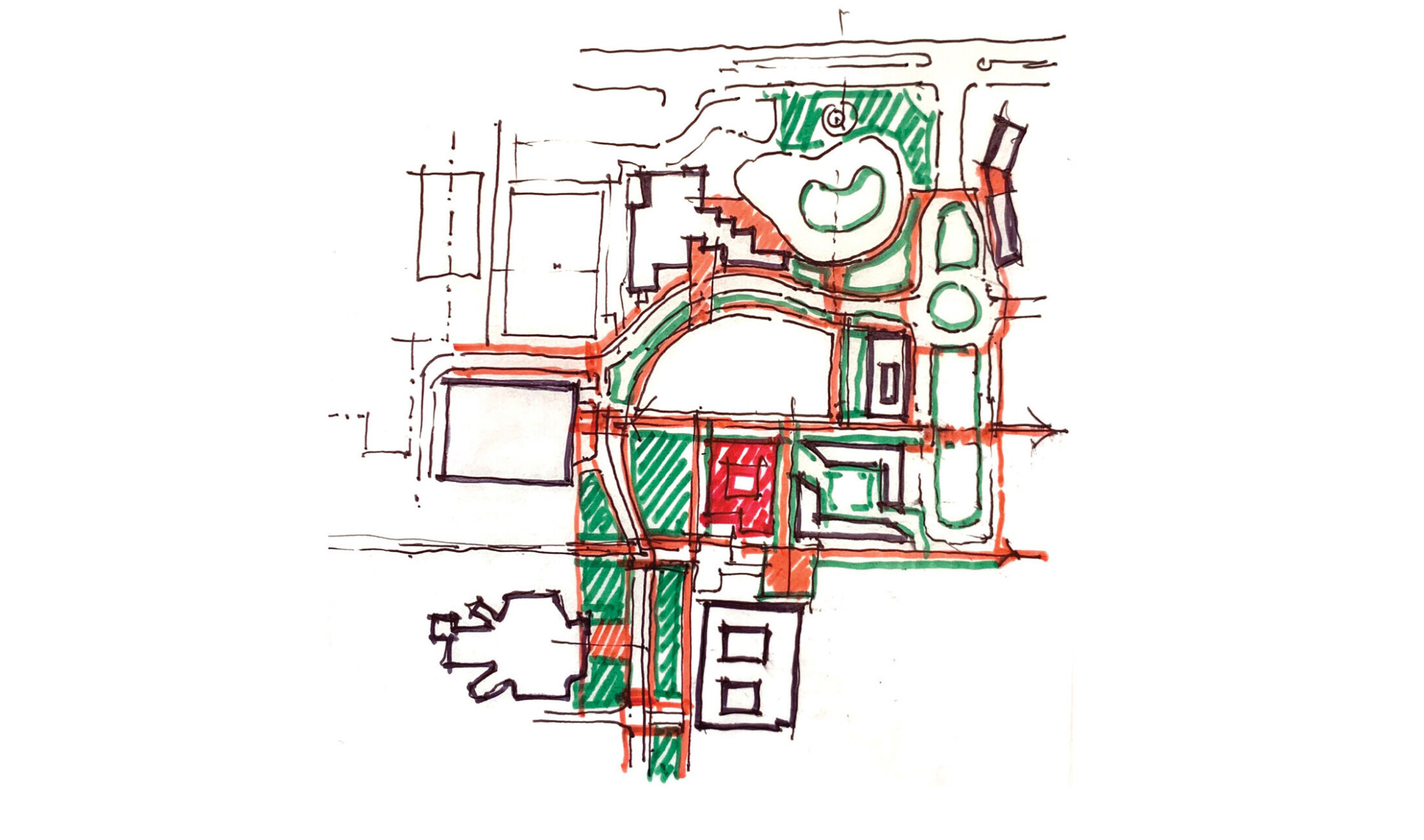 sketch diagram showing campus connections via pathways, walkways, and circulation