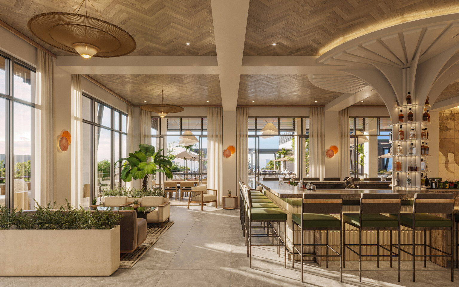 Elegant hotel bar with wooden chevron ceiling, white beams, uplighting, and bar stools with green cushions