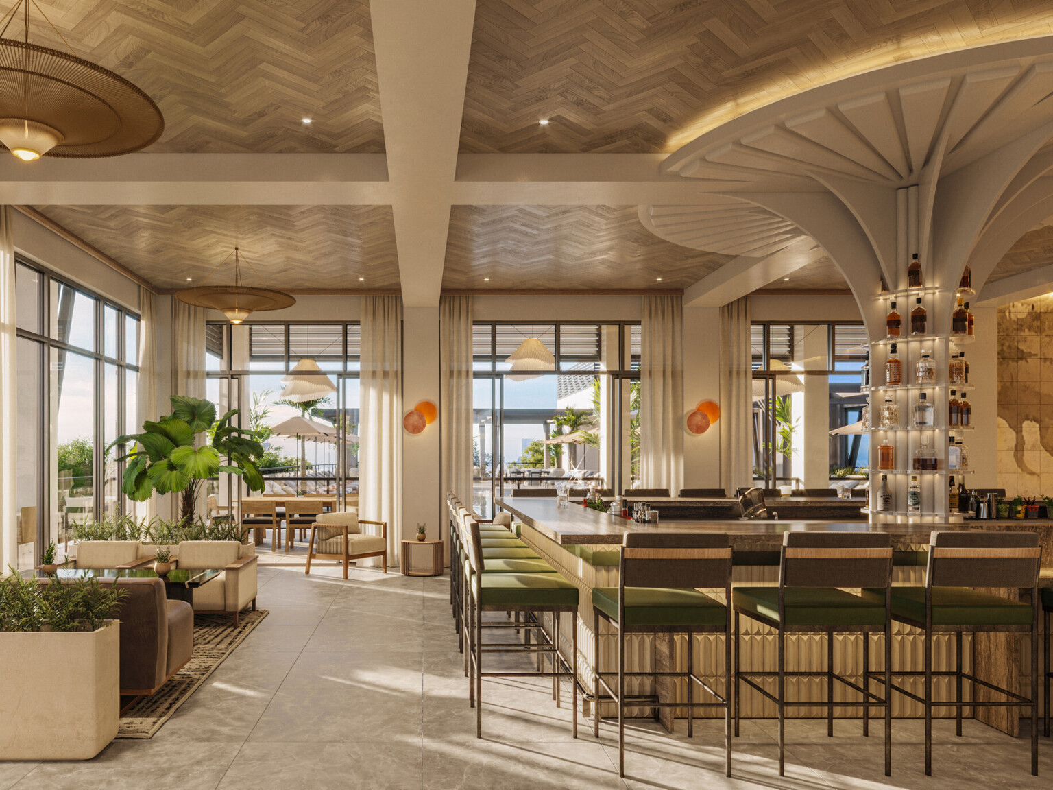 Elegant hotel bar with wooden chevron ceiling, white beams, uplighting, and bar stools with green cushions
