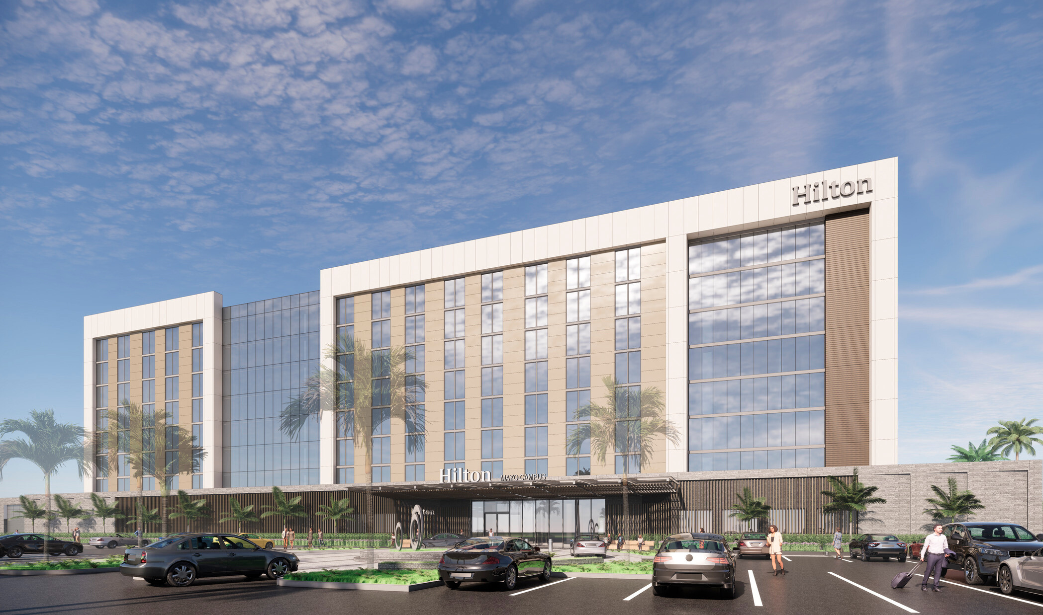 Surrounded by trees and natural ponds, the serene eight-story hotel design pays homage to the surrounding area with materiality, warm tones, lively glass, and the rhythm of the nearby forest.