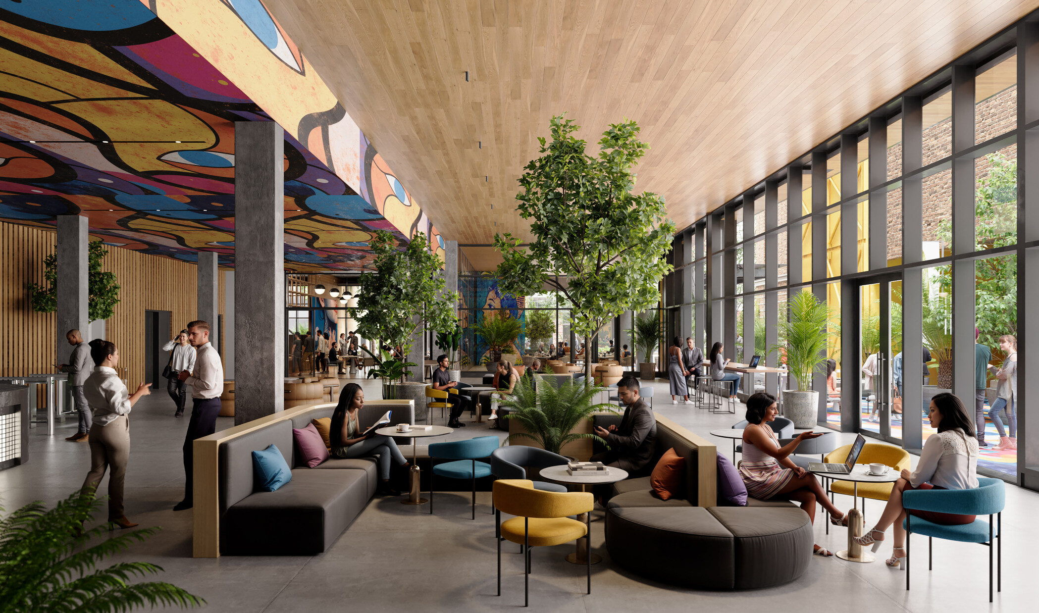 architectural rendering of a mass timber office building; modular seating with desks and people working at different stations