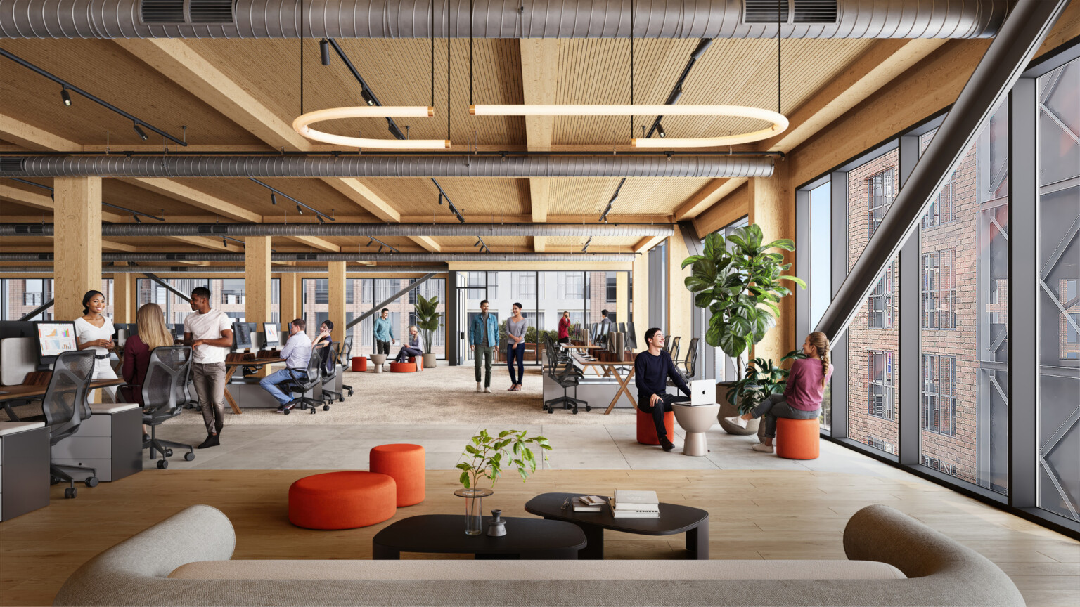 architectural rendering of a mass timber office building; modular seating with desks and people working at different stations