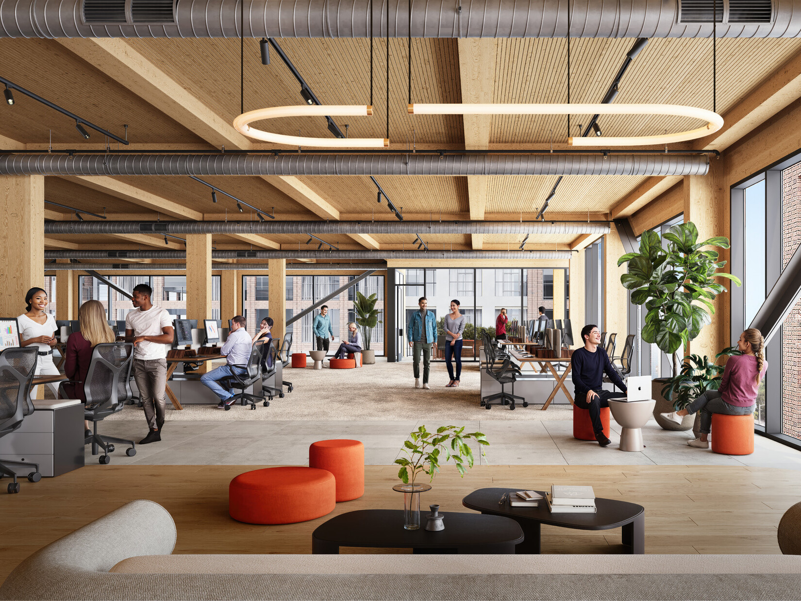 architectural rendering of a mass timber office building; modular seating with desks and people working at different stations