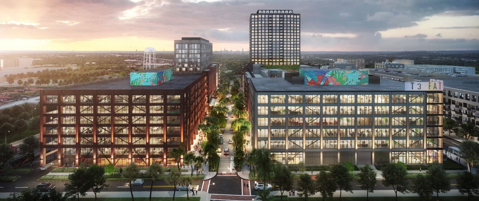 Aerial rendering of multistory office buildings filled with windows with art murals on top