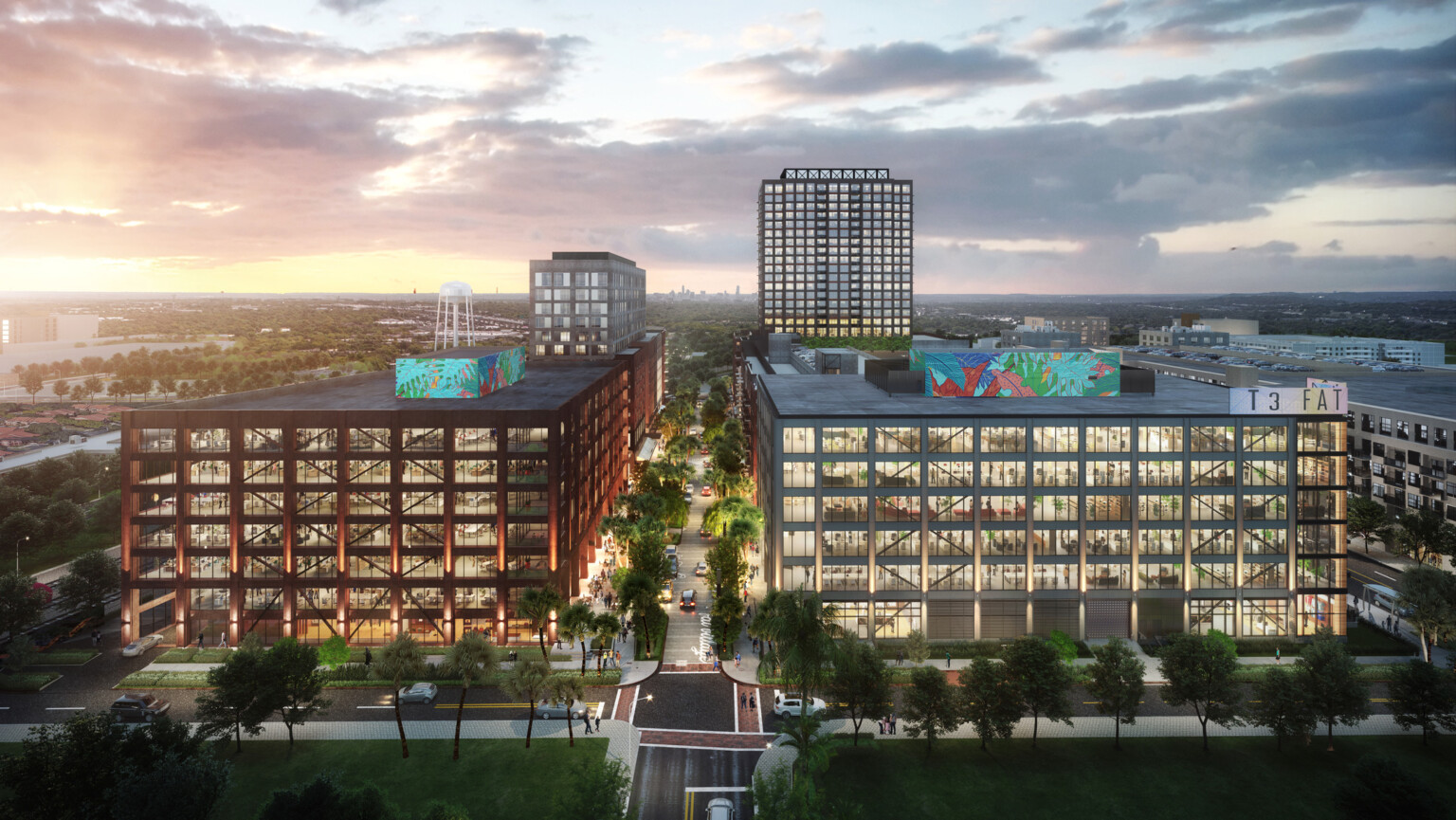 Aerial rendering of multistory office buildings filled with windows with art murals on top, mass timber buildings, t3 design, mass timber high rise, t3 construction, t3 partners