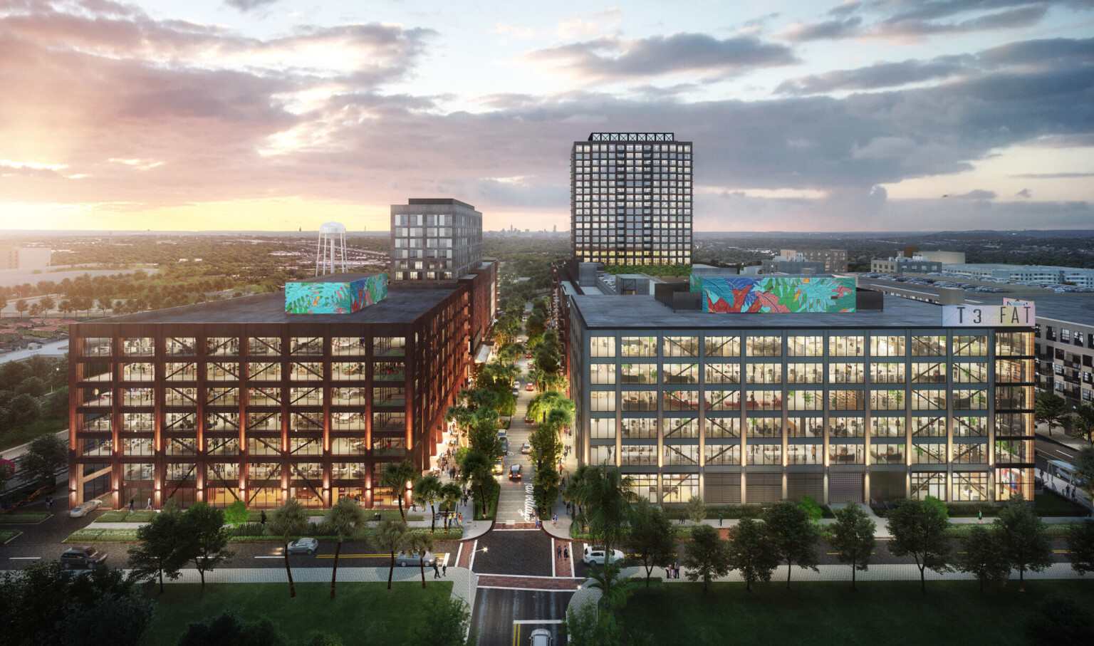 Aerial rendering of multistory office buildings filled with windows with art murals on top, mass timber buildings, t3 design, mass timber high rise, t3 construction, t3 partners