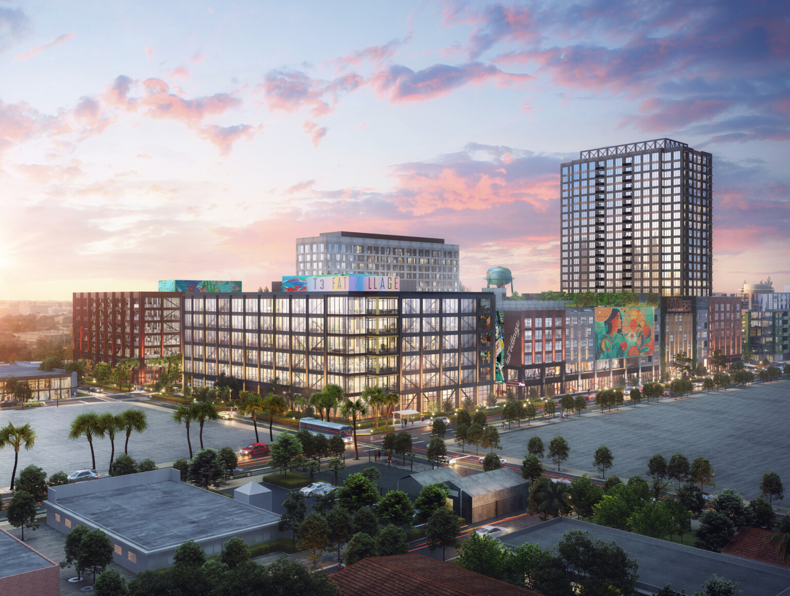 Rendering of a new office building in Fort Lauderdale showing a colorful sunset above multistory buildings with colorful murals