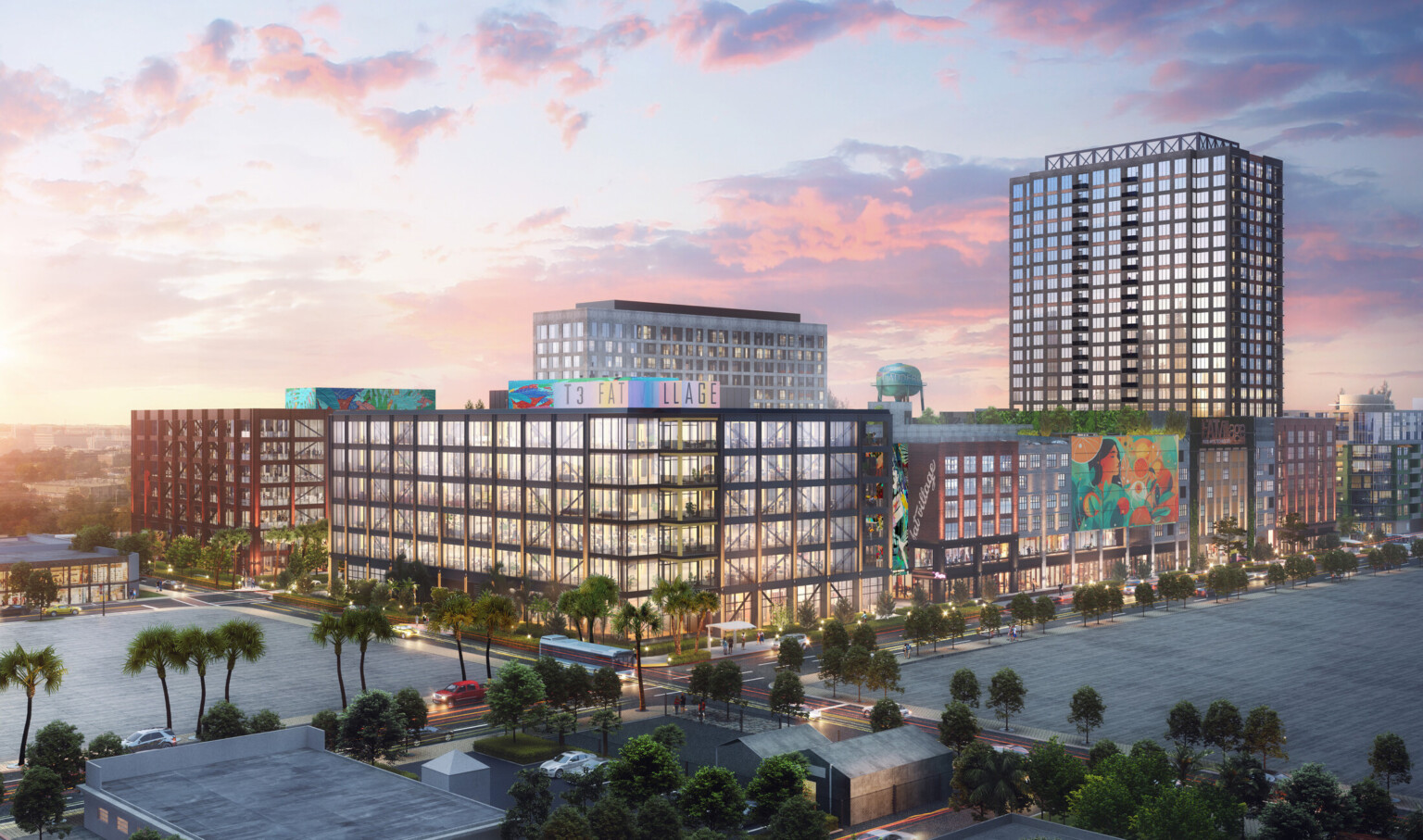Rendering of a new office building in Fort Lauderdale showing a colorful sunset above multistory buildings with colorful murals Rendering of a new office building in Fort Lauderdale showing a colorful sunset above multistory buildings with colorful murals