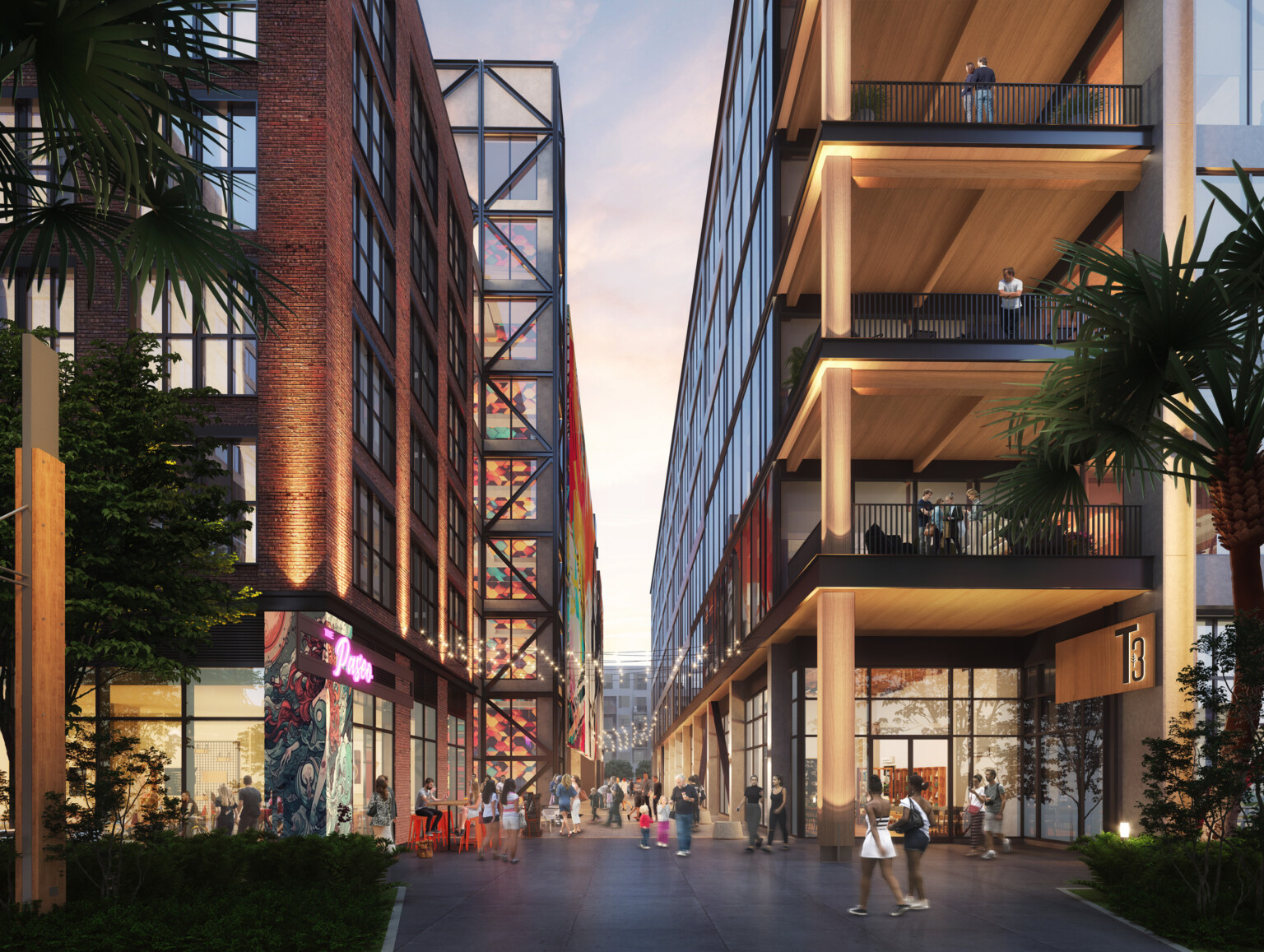 Rendering of a multi-use facility showing modern buildings with black and light wood accents, mass timber buildings, t3 design, mass timber high rise, t3 construction, t3 partners