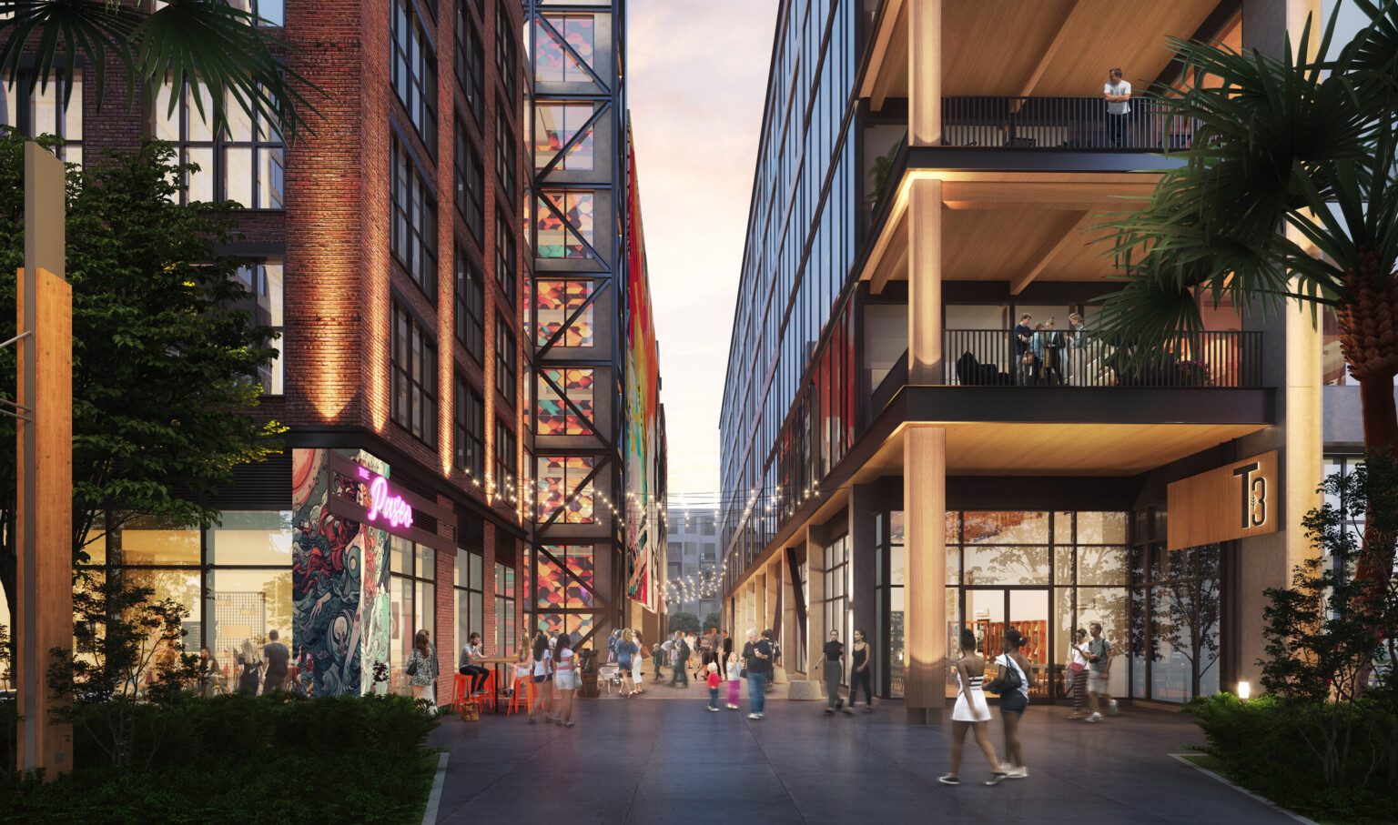 Rendering of a multi-use facility showing modern buildings with black and light wood accents, mass timber buildings, t3 design, mass timber high rise, t3 construction, t3 partners Rendering of a multi-use facility showing modern buildings with black and light wood accents, mass timber buildings, t3 design, mass timber high rise, t3 construction, t3 partners