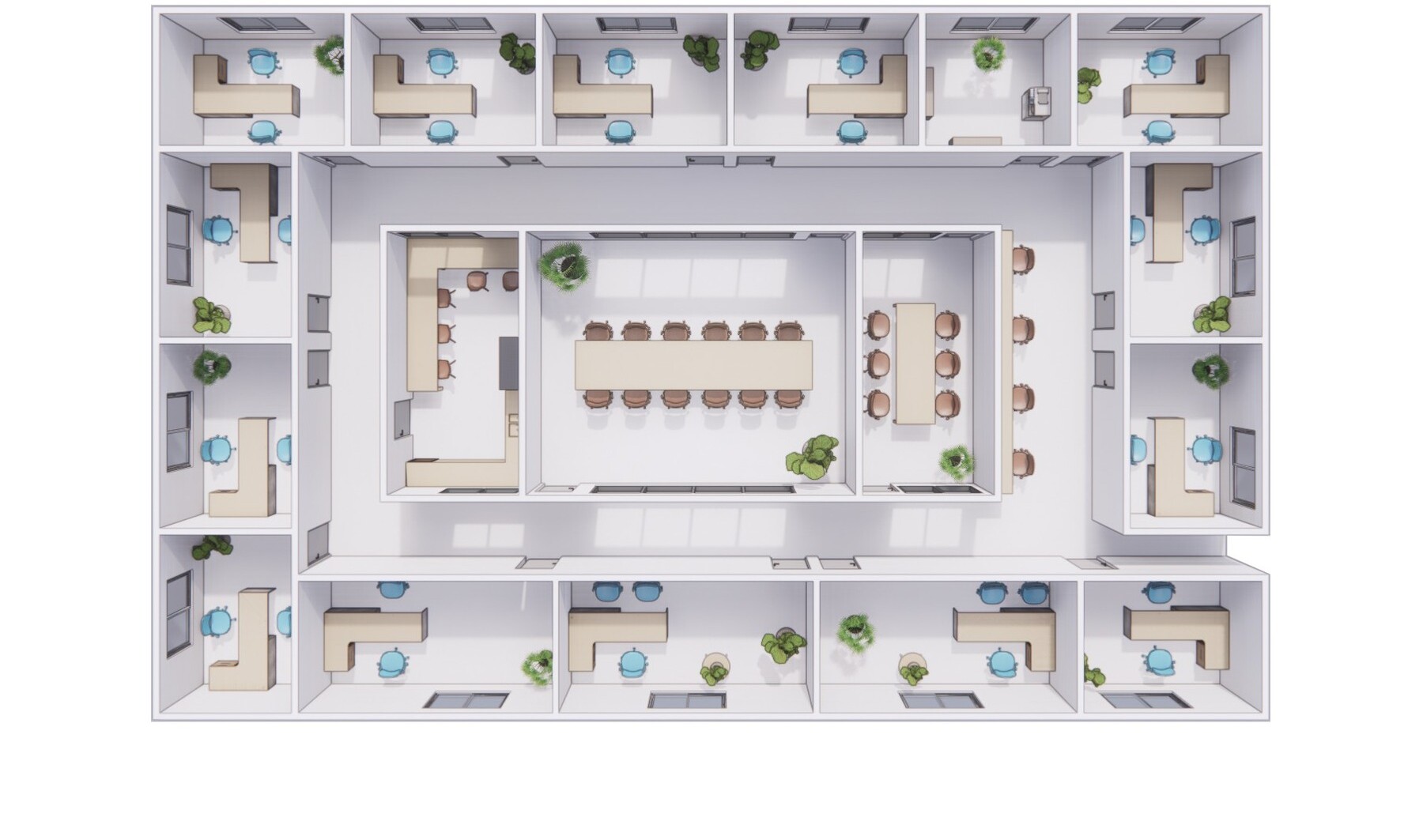 Top-down view of an office floor plan with individual rooms around a central conference and lounge area