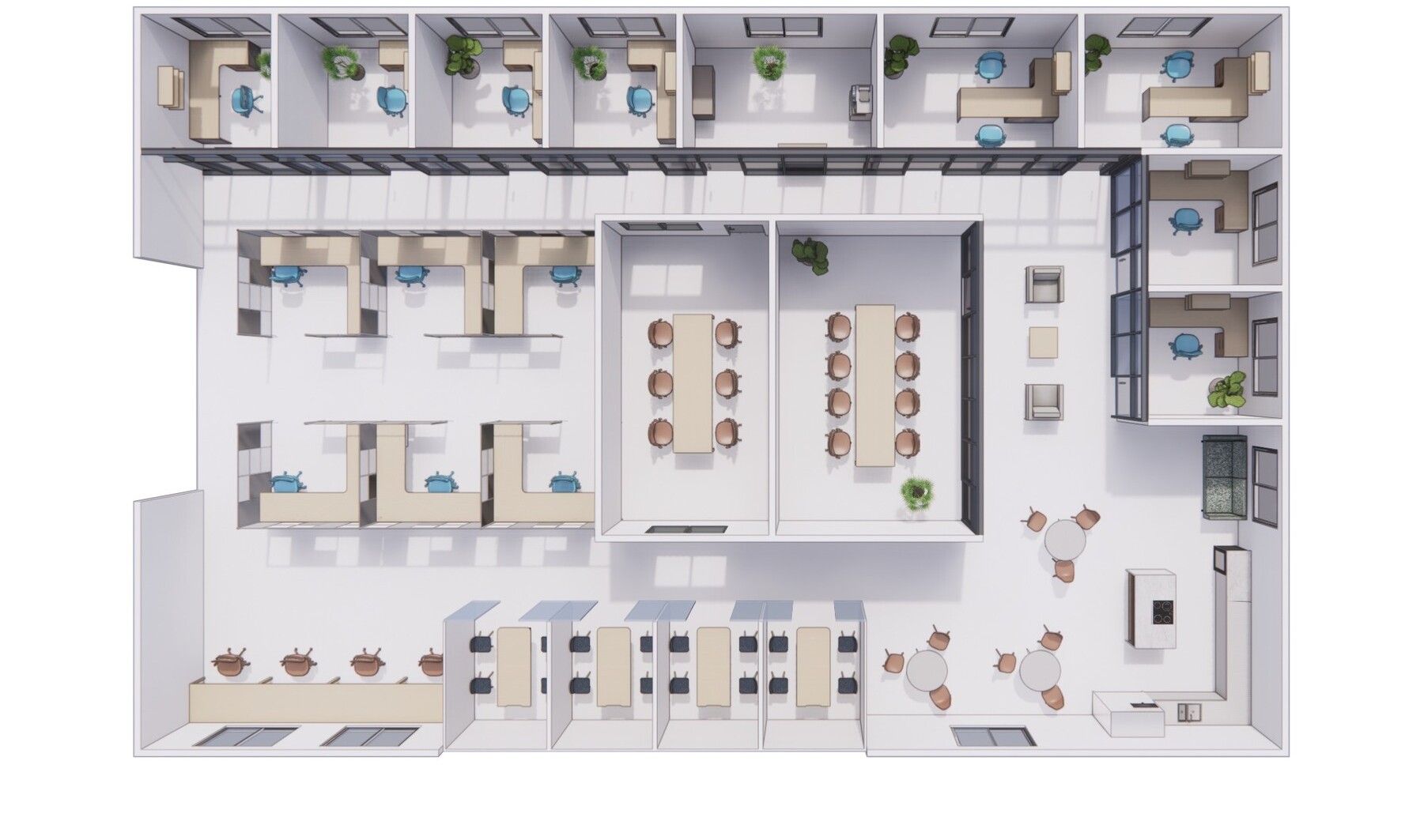Top-down view of an office floor plan with private rooms, open workstations, conference tables, and lounge seating areas