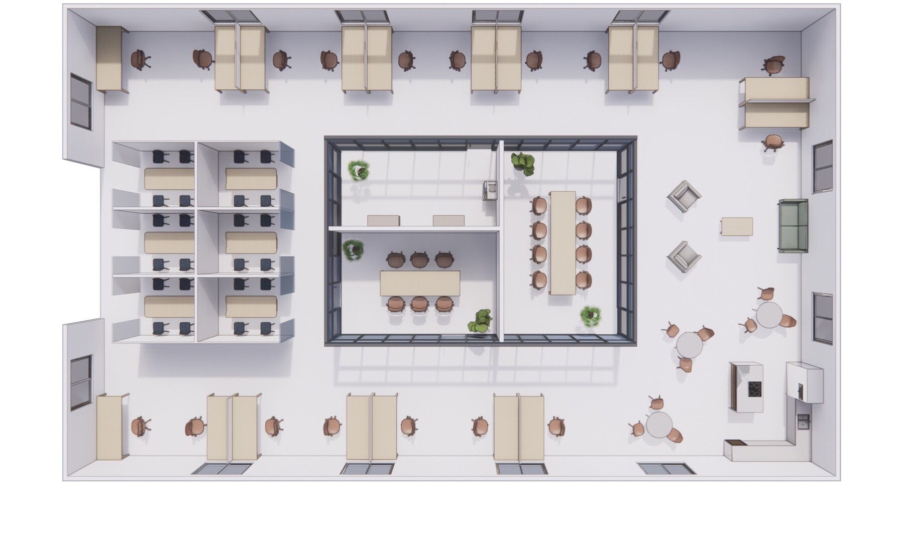 Top-down view of an office floor plan with rows of desks, private rooms, a central meeting area, and lounge seating