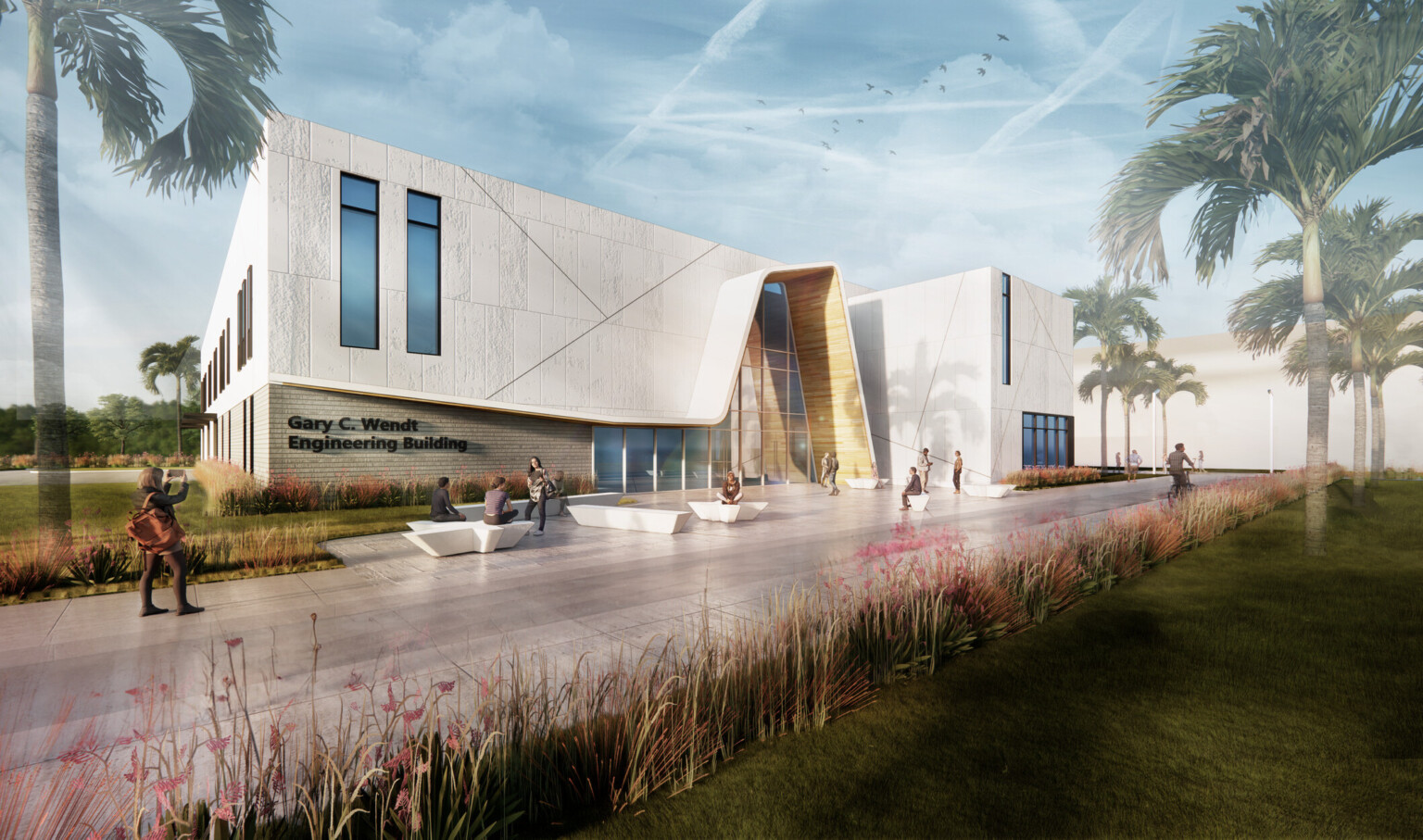 Rendering of a multi-story college featuring architectural lines accented with wood Rendering of a multi-story college featuring architectural lines accented with wood