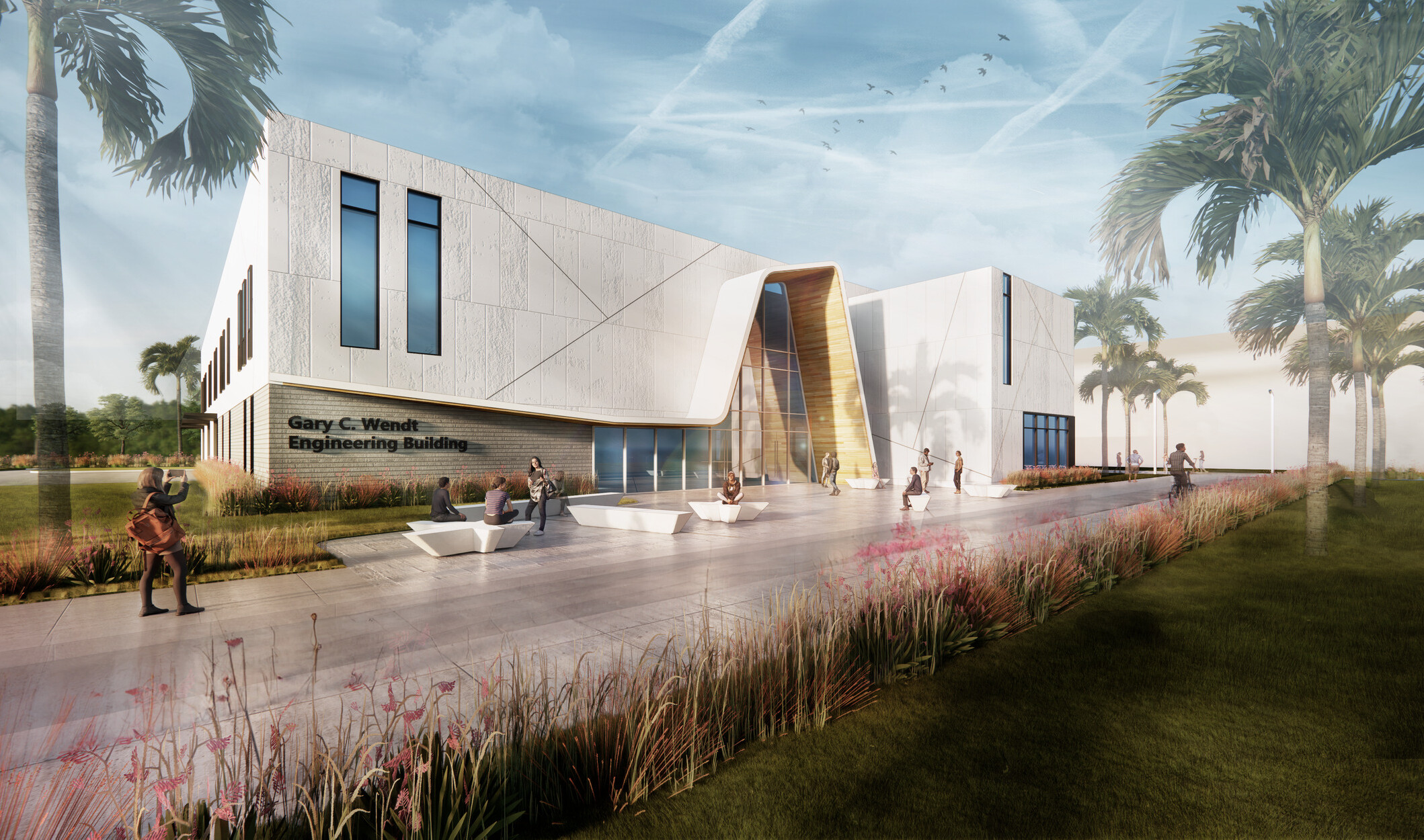 Rendering of a multi-story college featuring architectural lines accented with wood