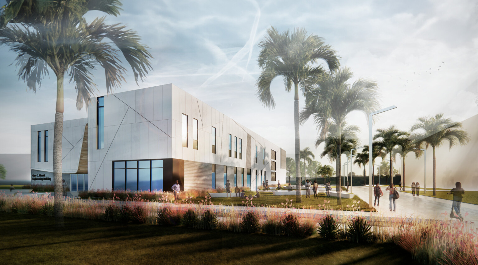 Rendering of a multi-story college building surrounded by palm trees and landscaping