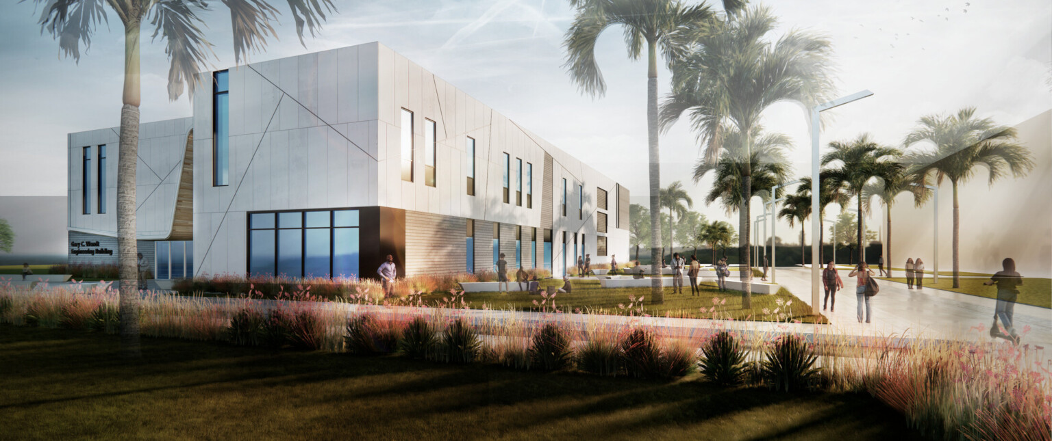 Rendering of a multi-story college building surrounded by palm trees and landscaping