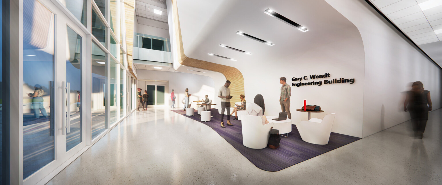 Interior of a multi-story college building with purple flooring, modern white furniture and wooden accents