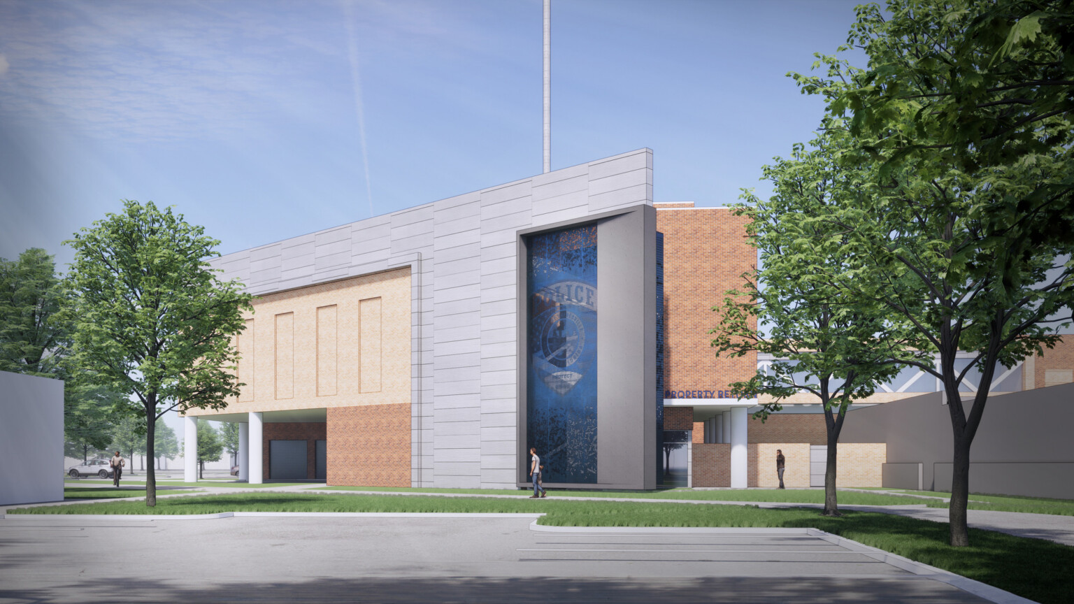 architectural rendering of the Gainesville Police Department Property Evidence facility; modern multi-facade building with walkways and greenery in the foreground