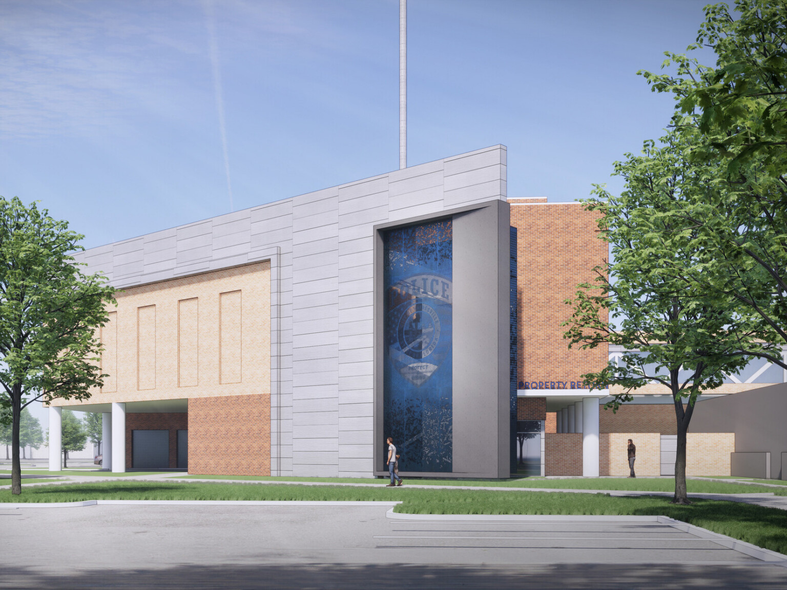 architectural rendering of the Gainesville Police Department Property Evidence facility; modern multi-facade building with walkways and greenery in the foreground