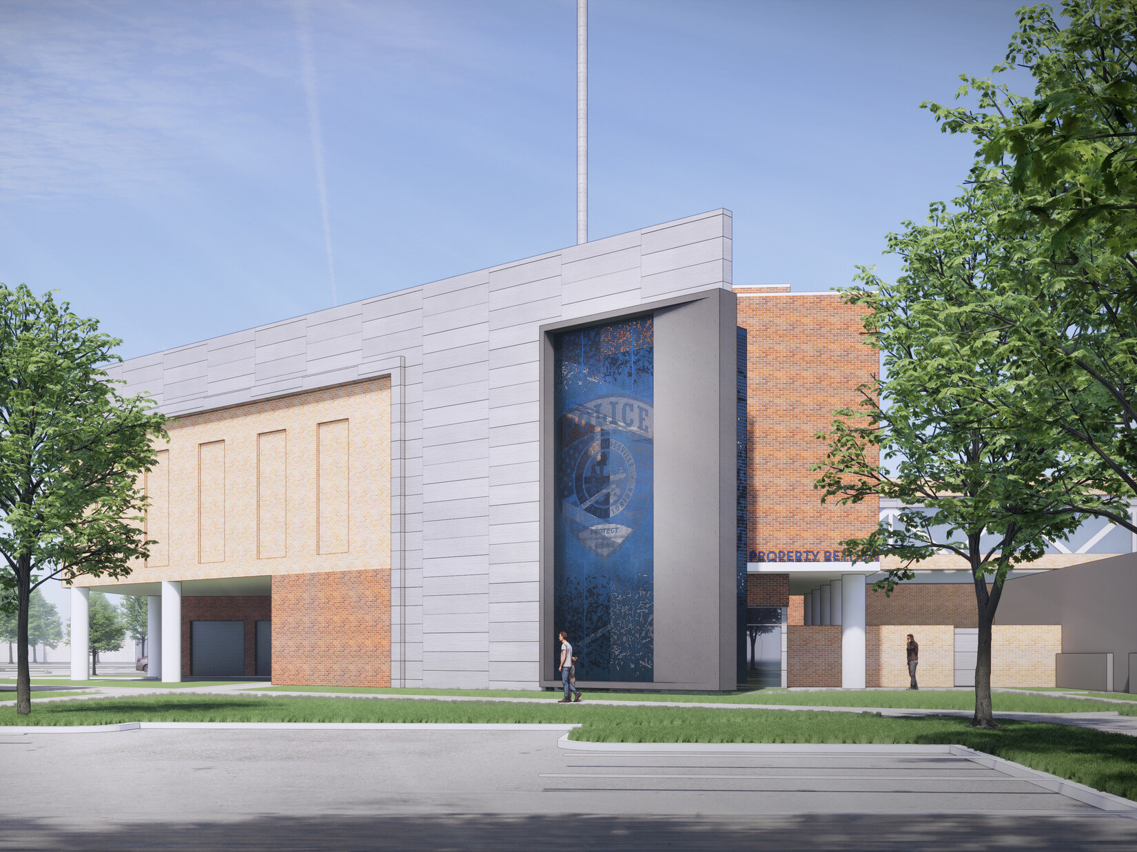architectural rendering of the Gainesville Police Department Property Evidence facility; modern multi-facade building with walkways and greenery in the foreground