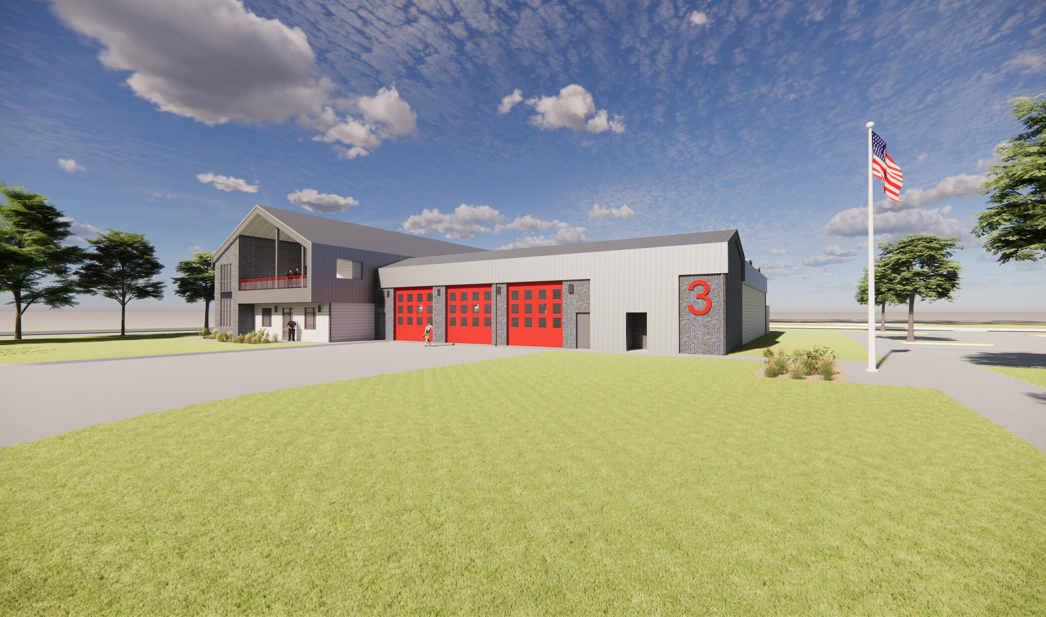 Front view of the three-bay fire station. In the foreground, a landscaped lawn.