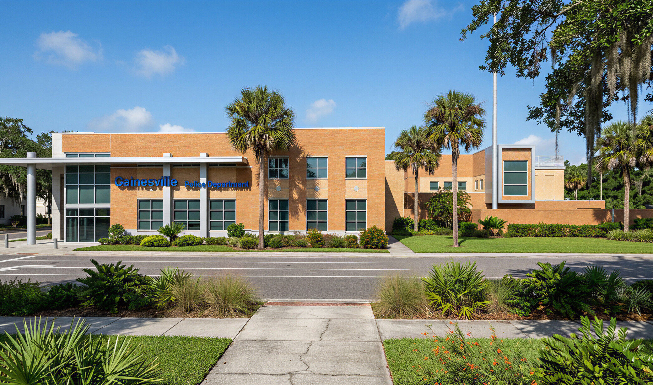 Street view of police building with surrounding palm trees.