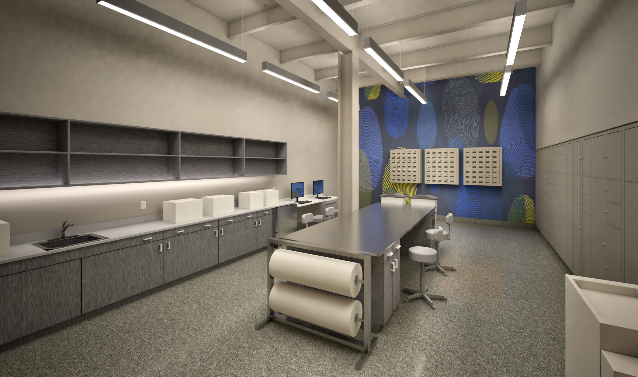 Evidence Intake Room with a large metal table in the center and cabinets to the left.
