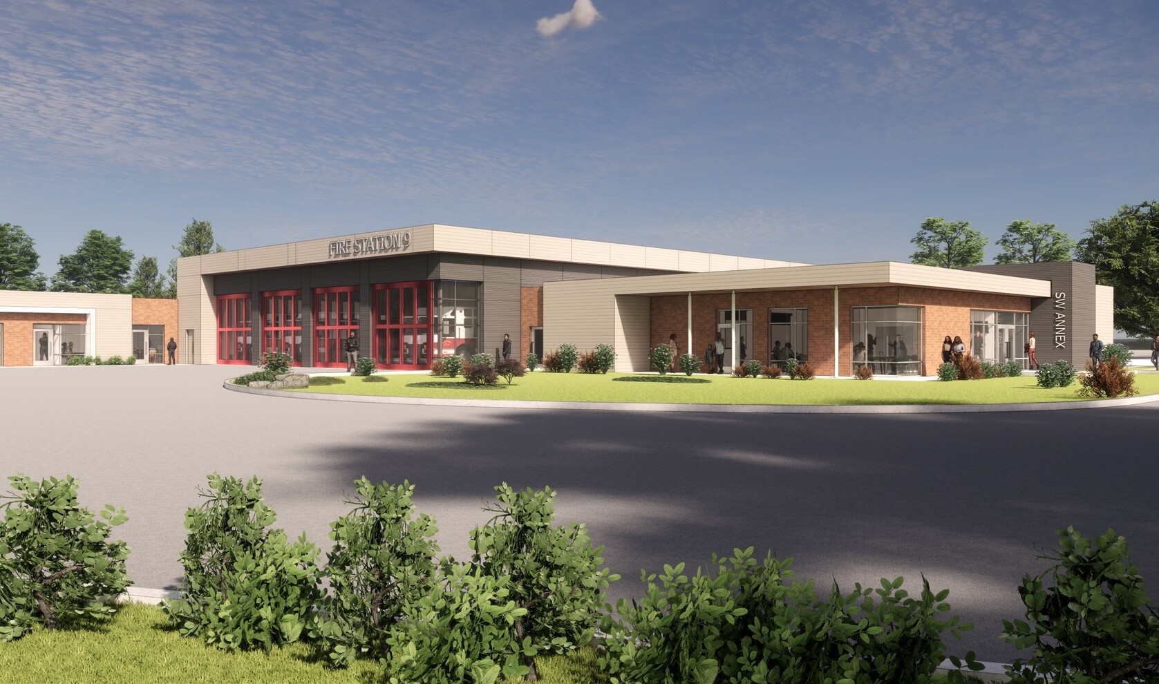 Street view of the Public Safety Annex. Four engine bays in the center and a community gathering room to the right.